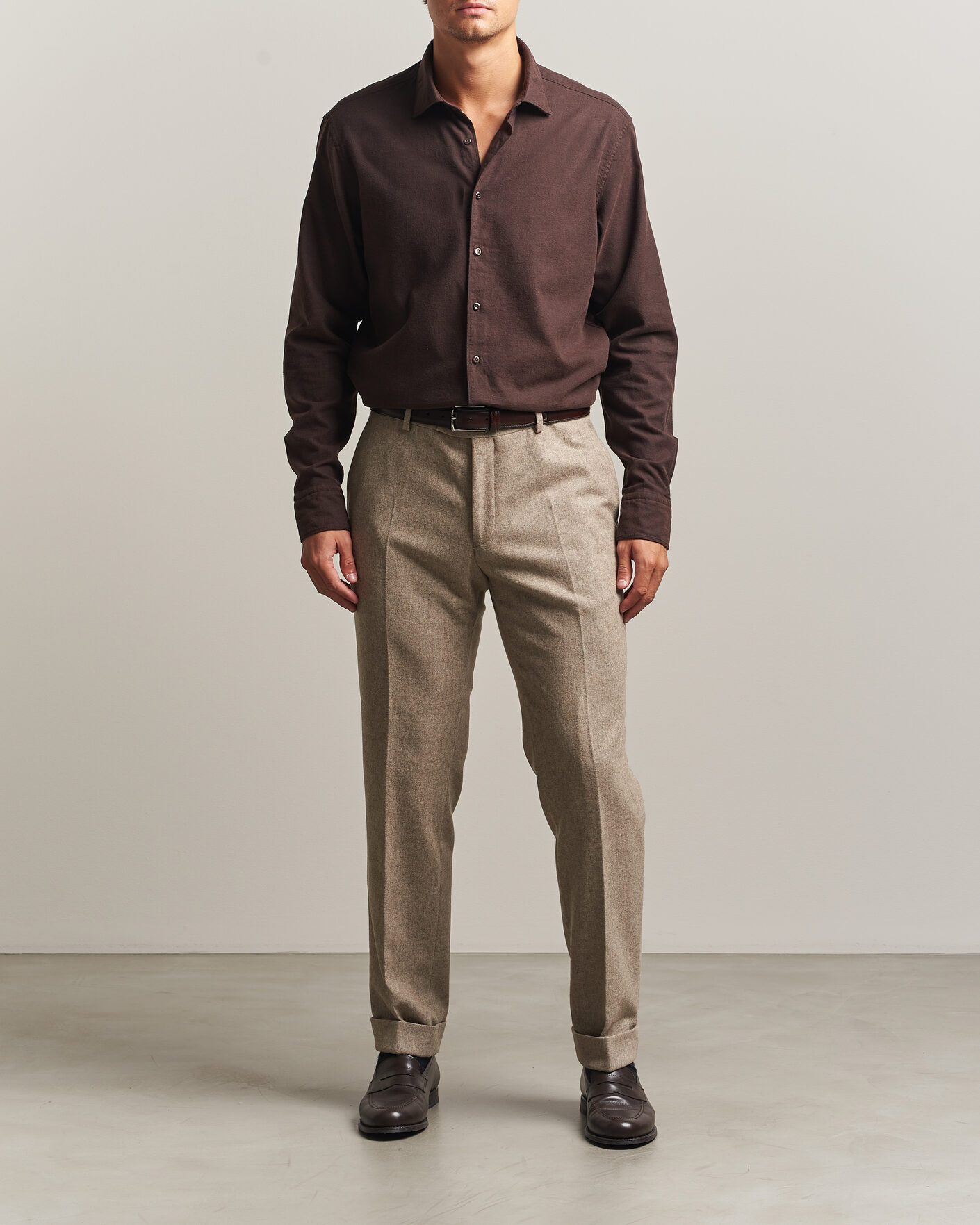 Men | Shirts | Stenströms | Regular Fit Cut Away Flannel Shirt Brown