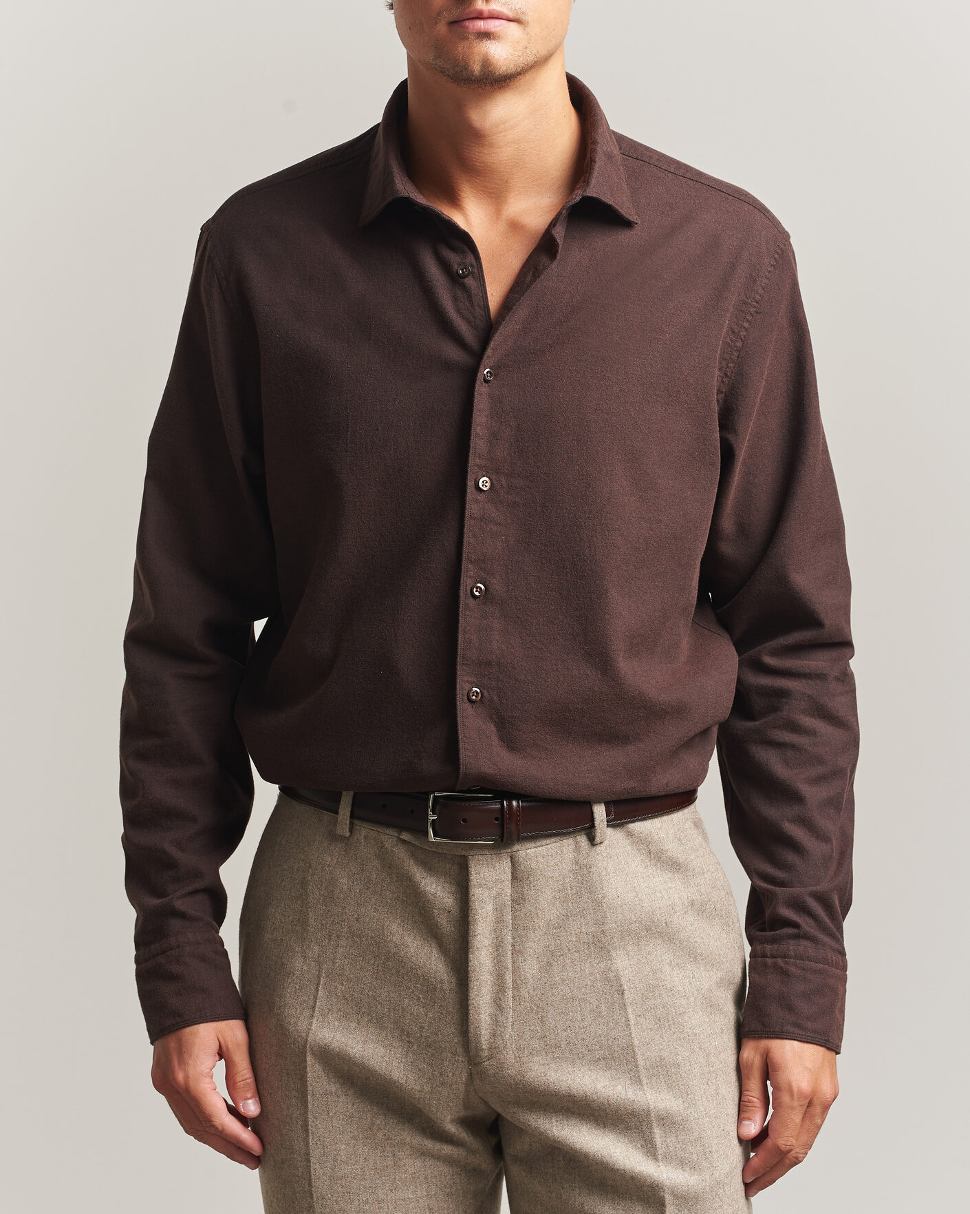 Men | Shirts | Stenströms | Regular Fit Cut Away Flannel Shirt Brown