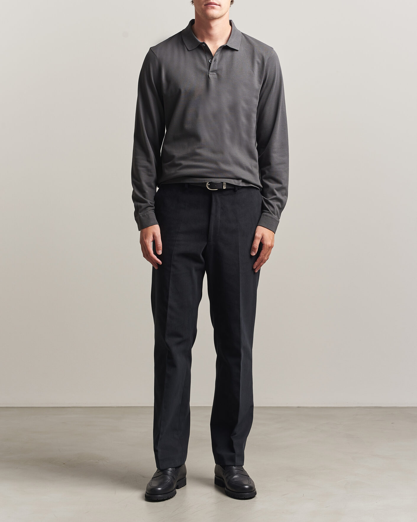 Men | Polo Shirts | Sunspel | Supima Cotton Long Sleeve Pique Polo Anthracite