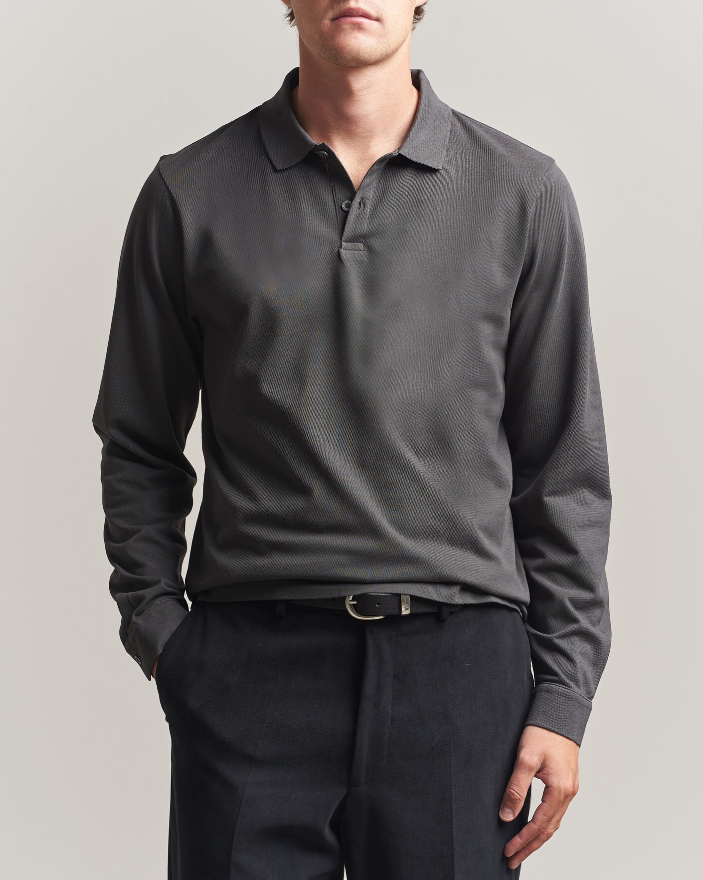 Men | Polo Shirts | Sunspel | Supima Cotton Long Sleeve Pique Polo Anthracite