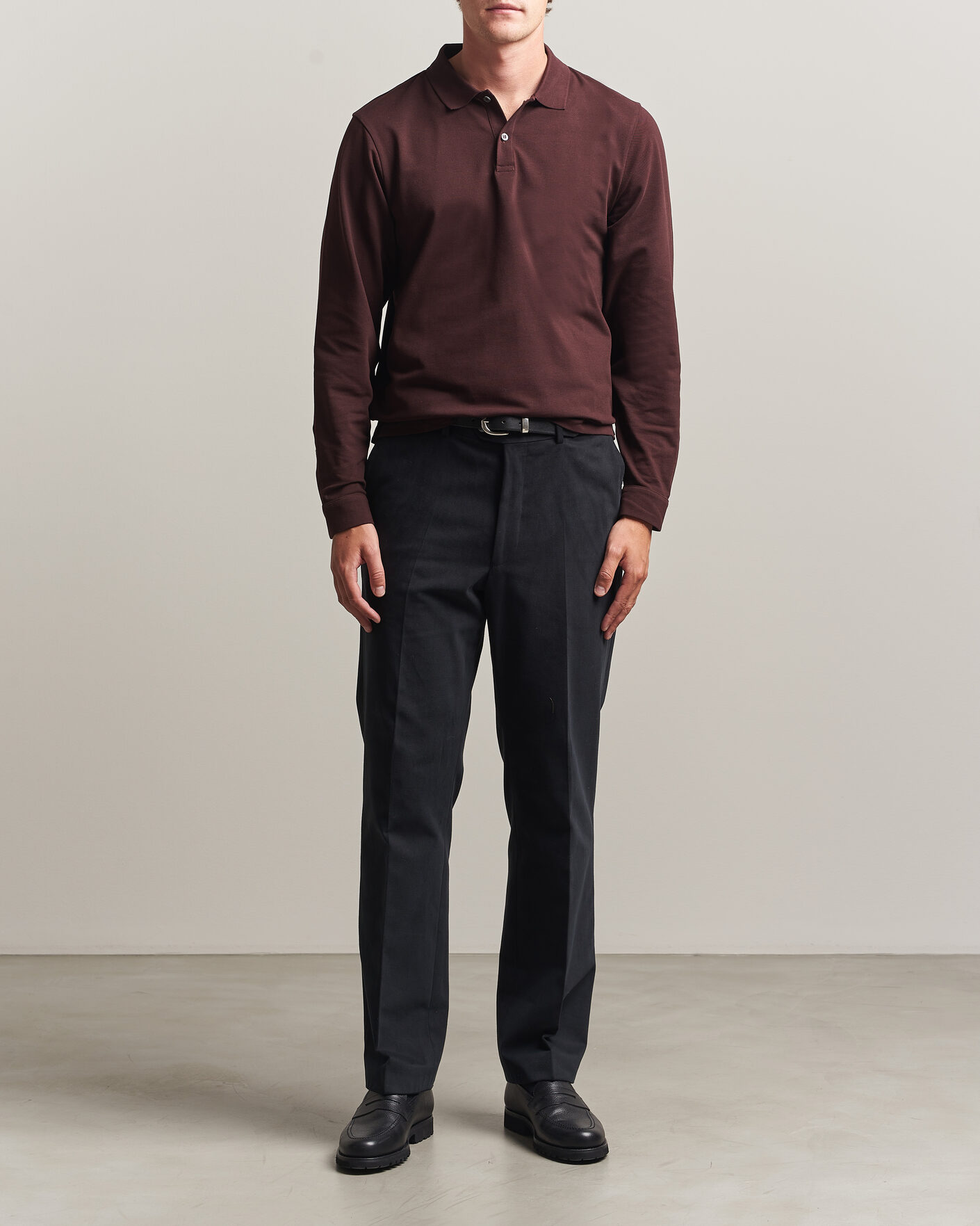 Men | Polo Shirts | Sunspel | Supima Cotton Long Sleeve Pique Polo Dark Brown