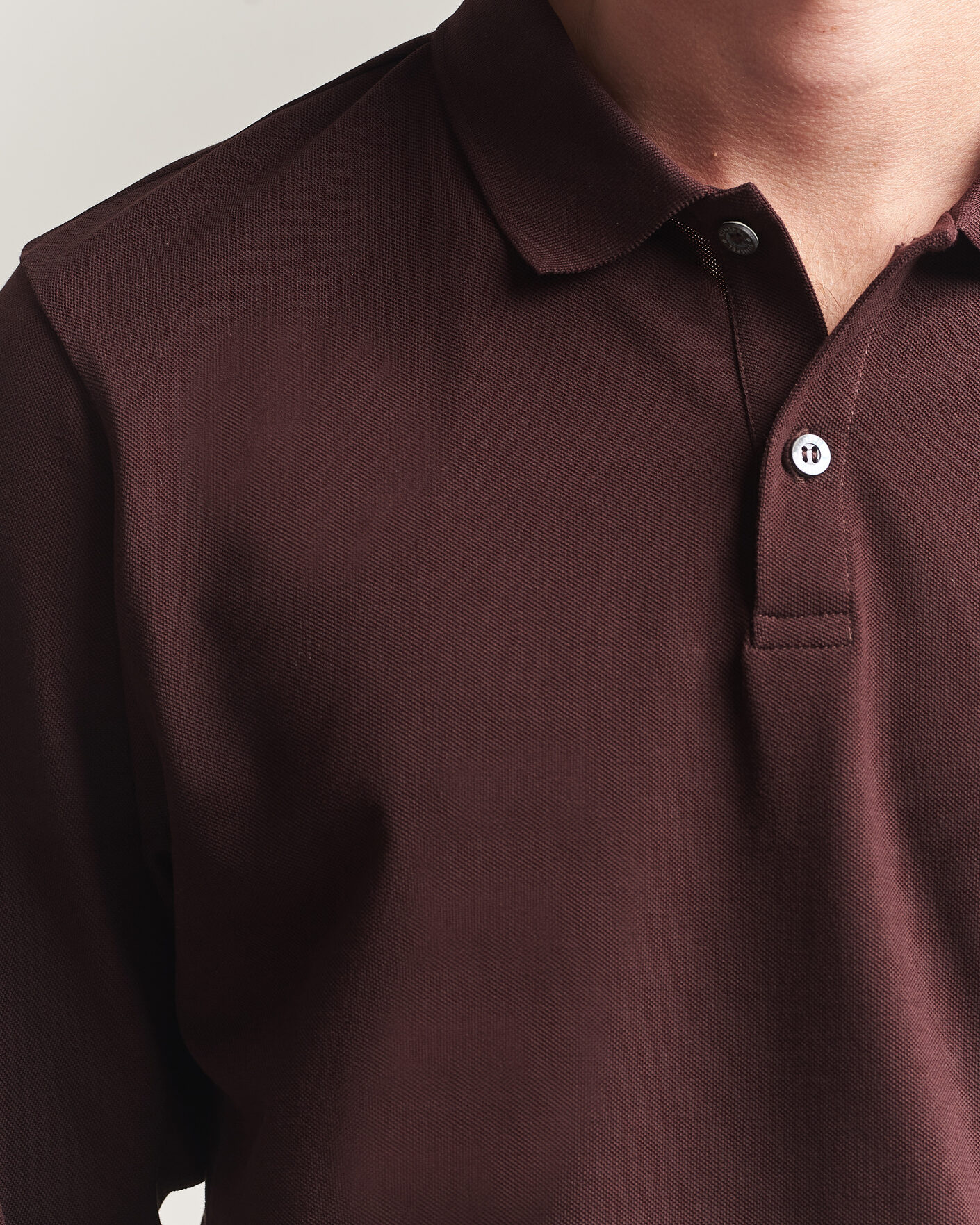 Men | Polo Shirts | Sunspel | Supima Cotton Long Sleeve Pique Polo Dark Brown
