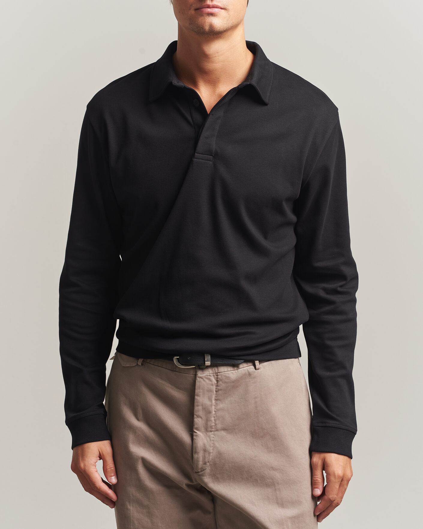 Men | Polo Shirts | Sunspel | Heavy Weight Supima Cotton Long Sleeve Polo Black