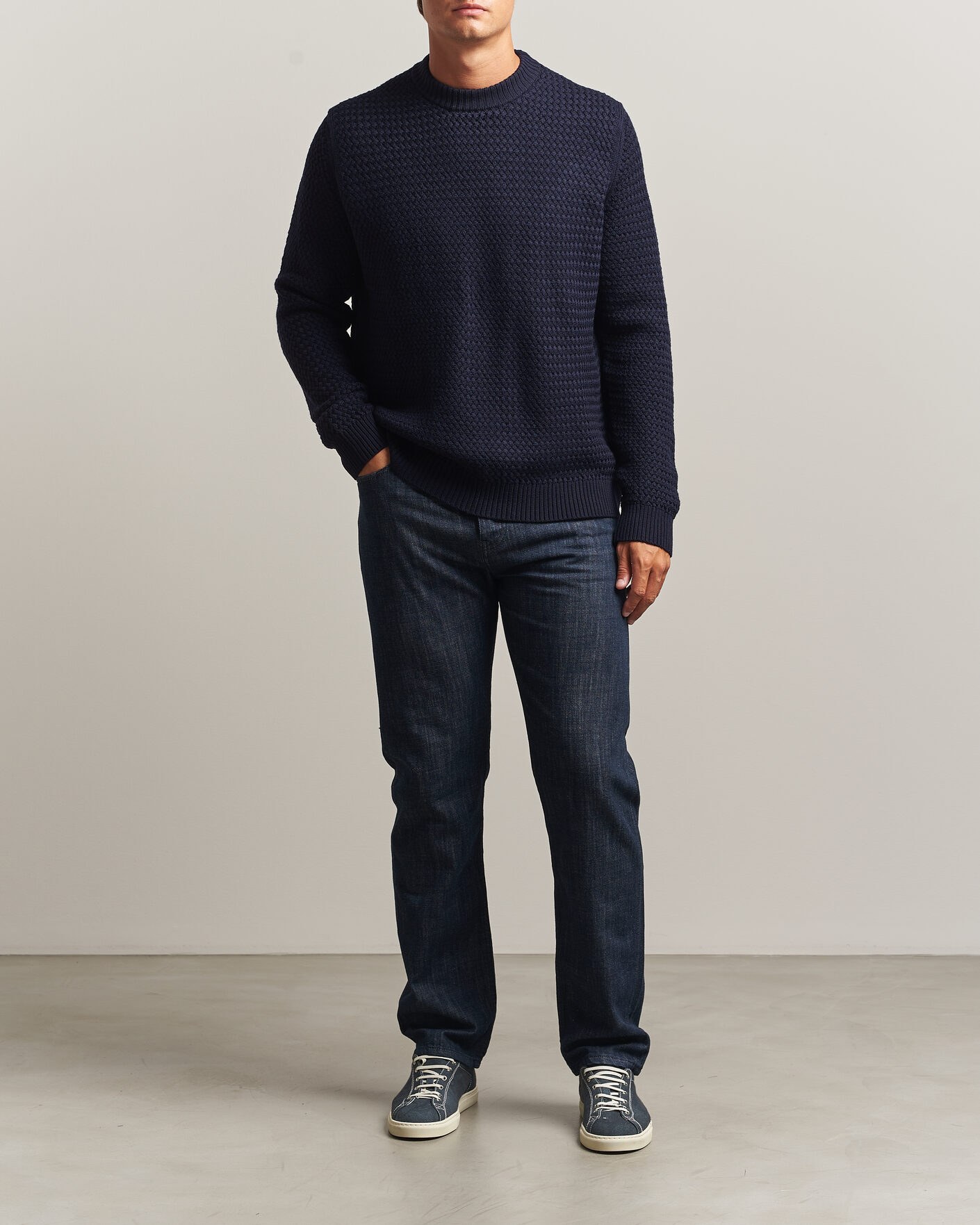 Men | Sweaters & Knitwear | Sunspel | Merino Basketweave Stitch Jumper Navy