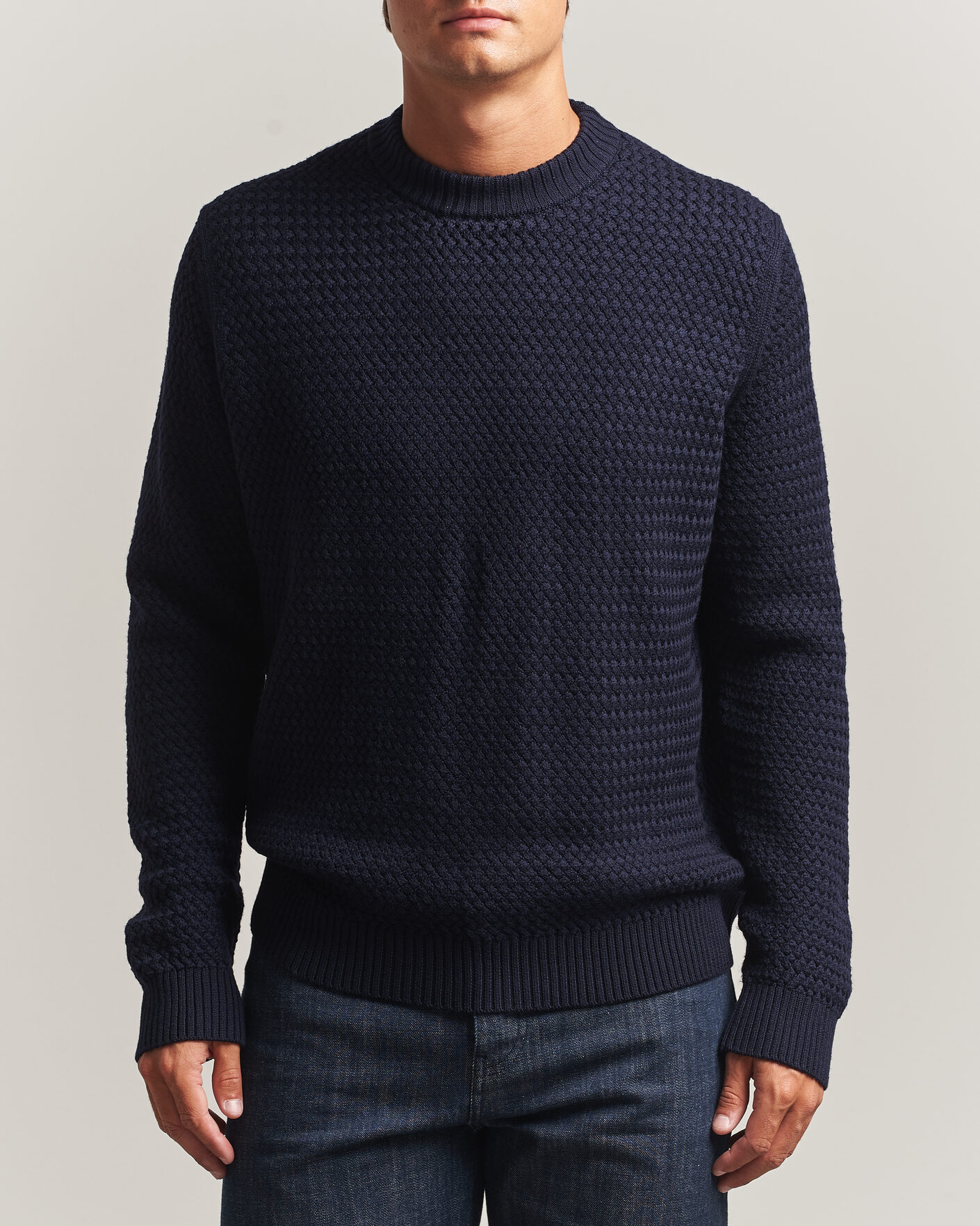 Men | Sweaters & Knitwear | Sunspel | Merino Basketweave Stitch Jumper Navy