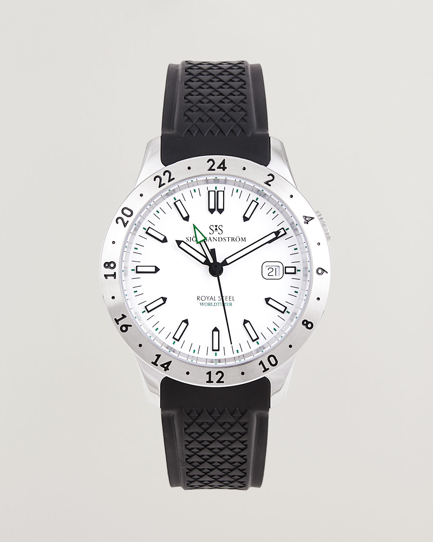 Men | Sjöö Sandström Royal Steel Worldtimer 41mm Black Rubber White Dial | Sjöö Sandström | Royal Steel Worldtimer 41mm Black Rubber White Dial
