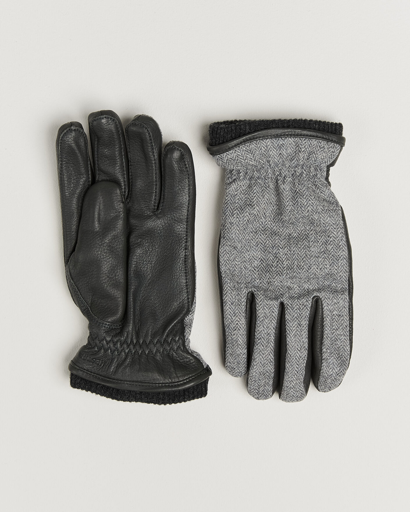Men | Gloves | Hestra | Wilhelm Herringbone Wool/Elkskin Glove Grey