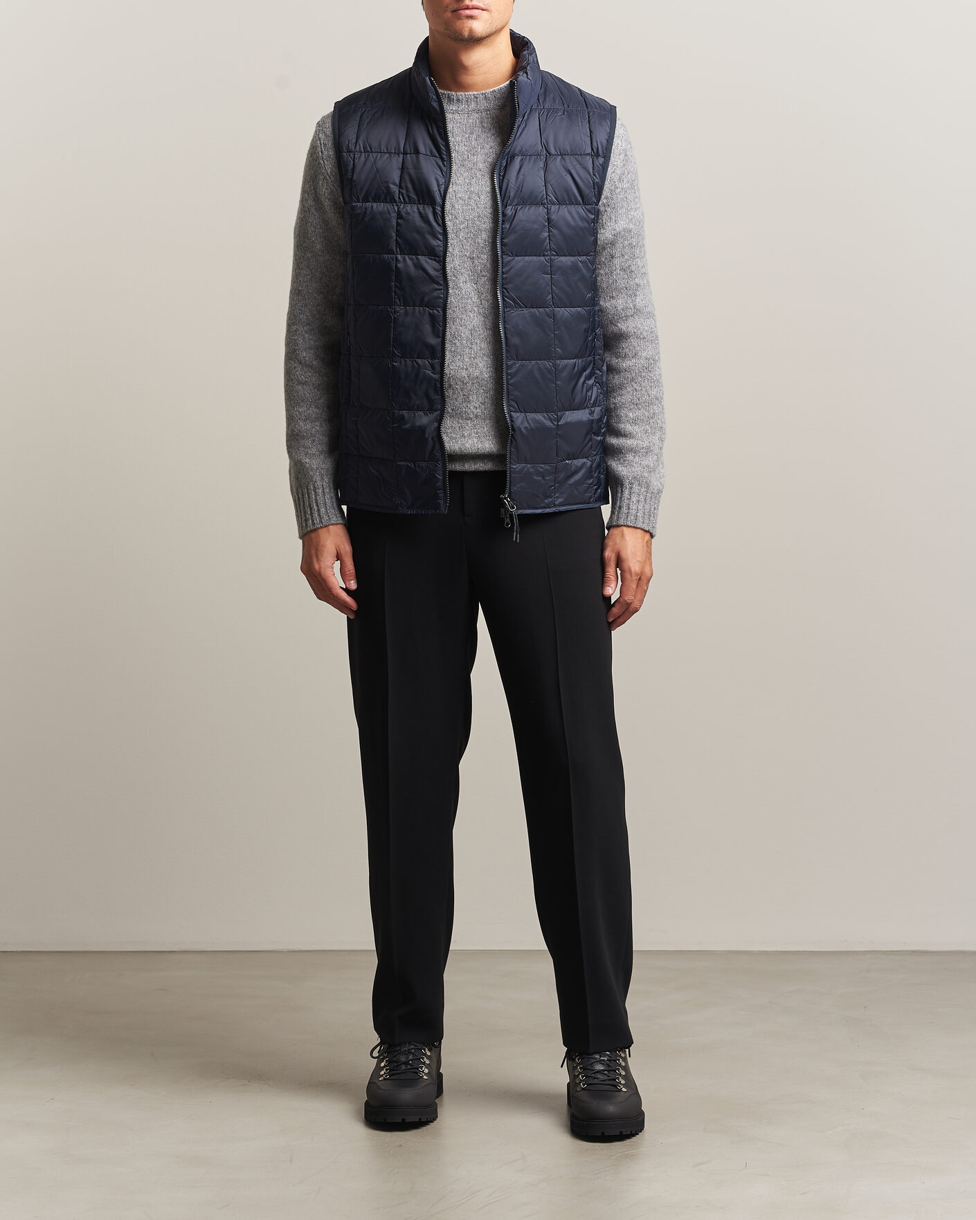 Men | Gilets | TAION | High Neck Full Zip Lightweight Down Vest Dark Navy