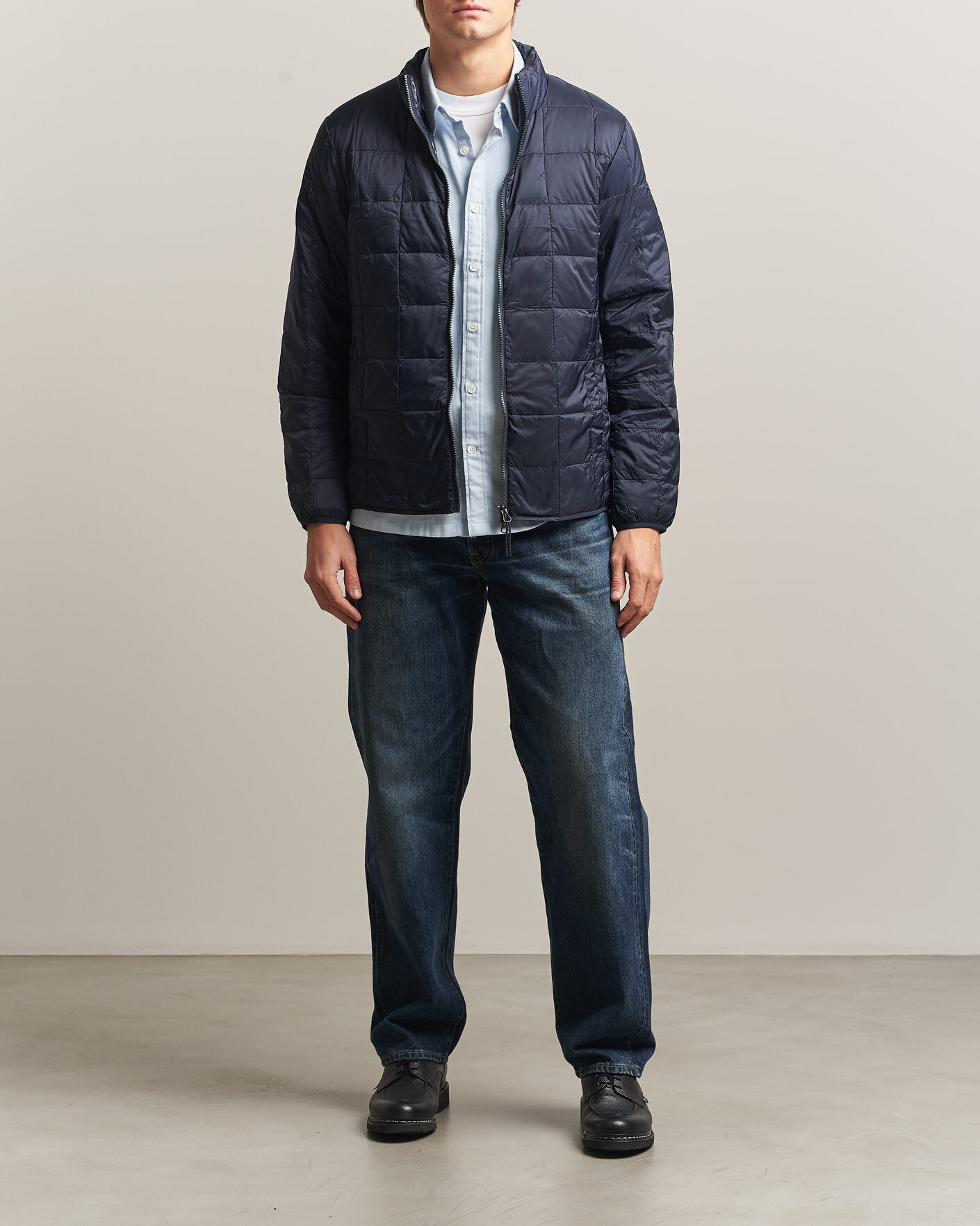Men | Coats & Jackets | TAION | High Neck Full Zip Lightweight Down Jacket Dark Navy