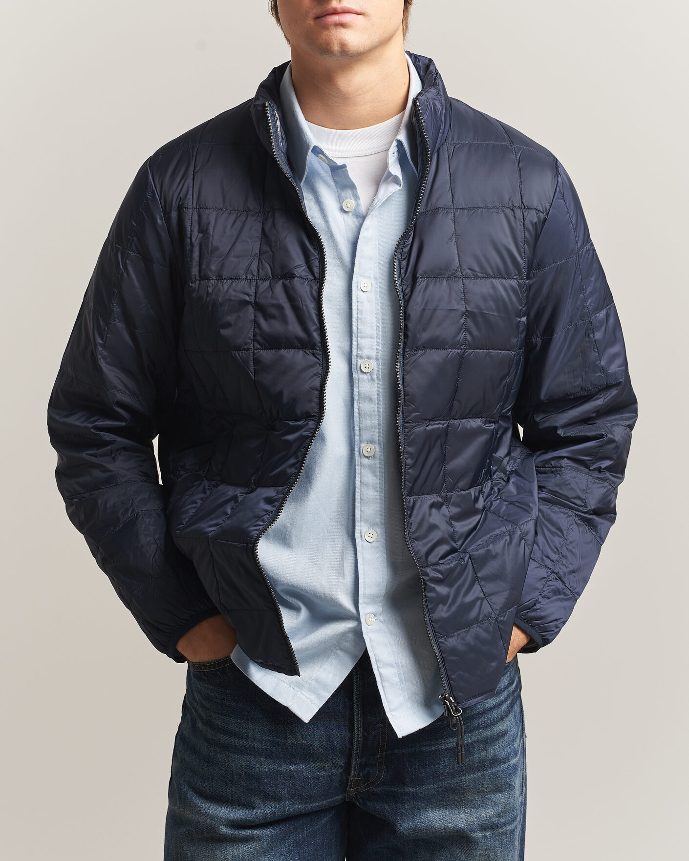 Men | Coats & Jackets | TAION | High Neck Full Zip Lightweight Down Jacket Dark Navy