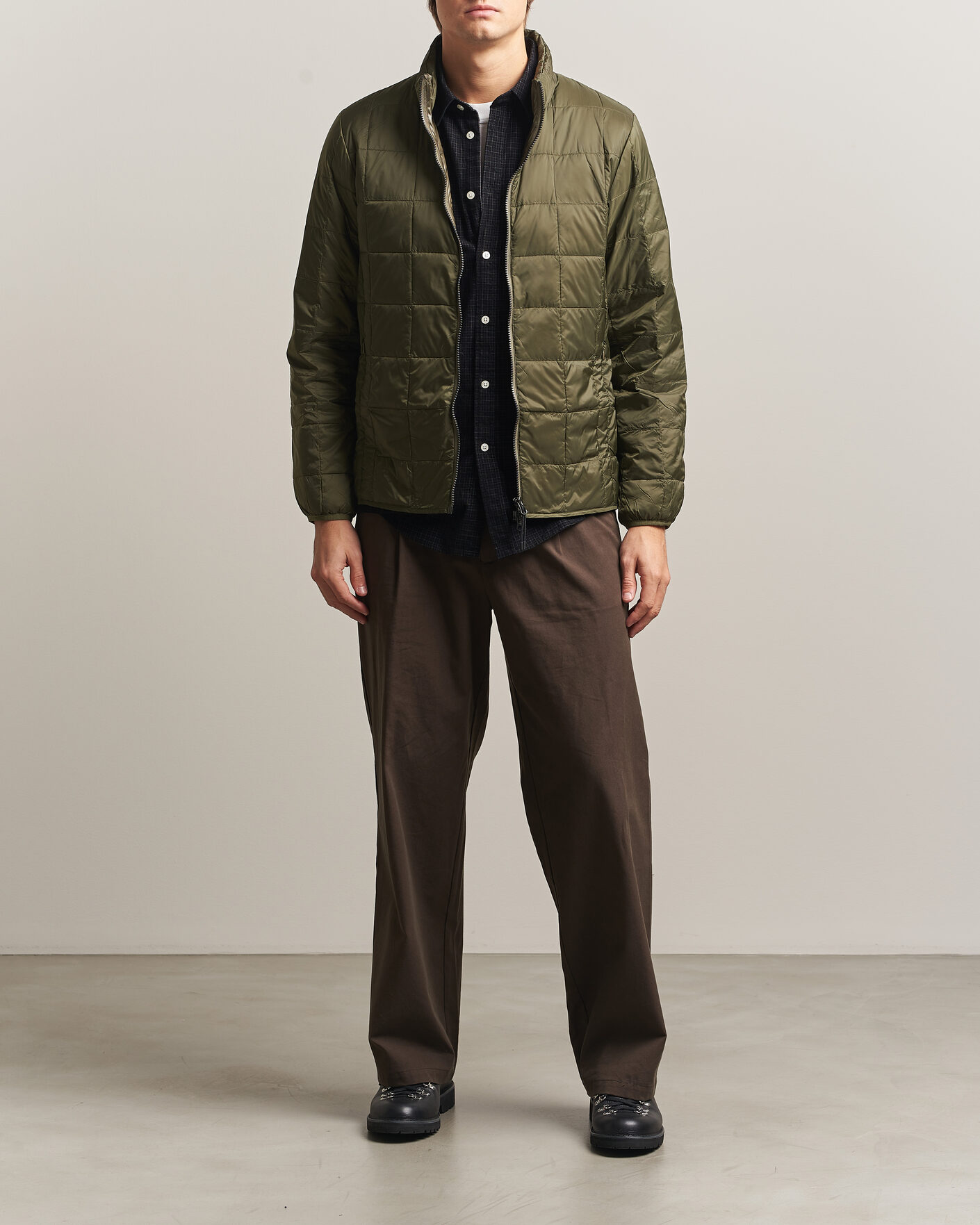 Men | Coats & Jackets | TAION | High Neck Full Zip Lightweight Down Jacket Dark Olive
