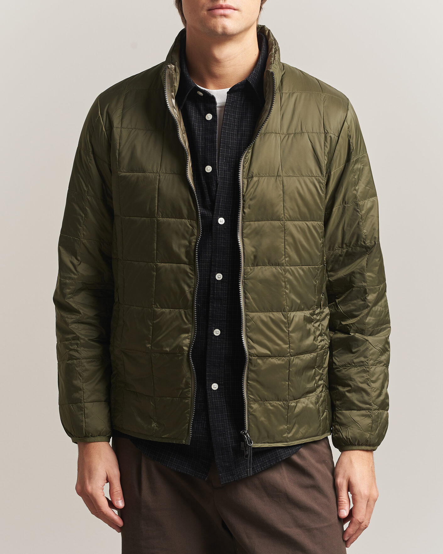 Men | Coats & Jackets | TAION | High Neck Full Zip Lightweight Down Jacket Dark Olive