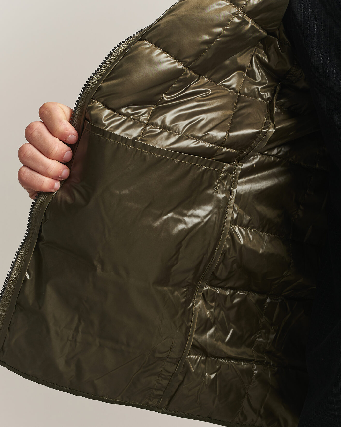 Men | Coats & Jackets | TAION | High Neck Full Zip Lightweight Down Jacket Dark Olive