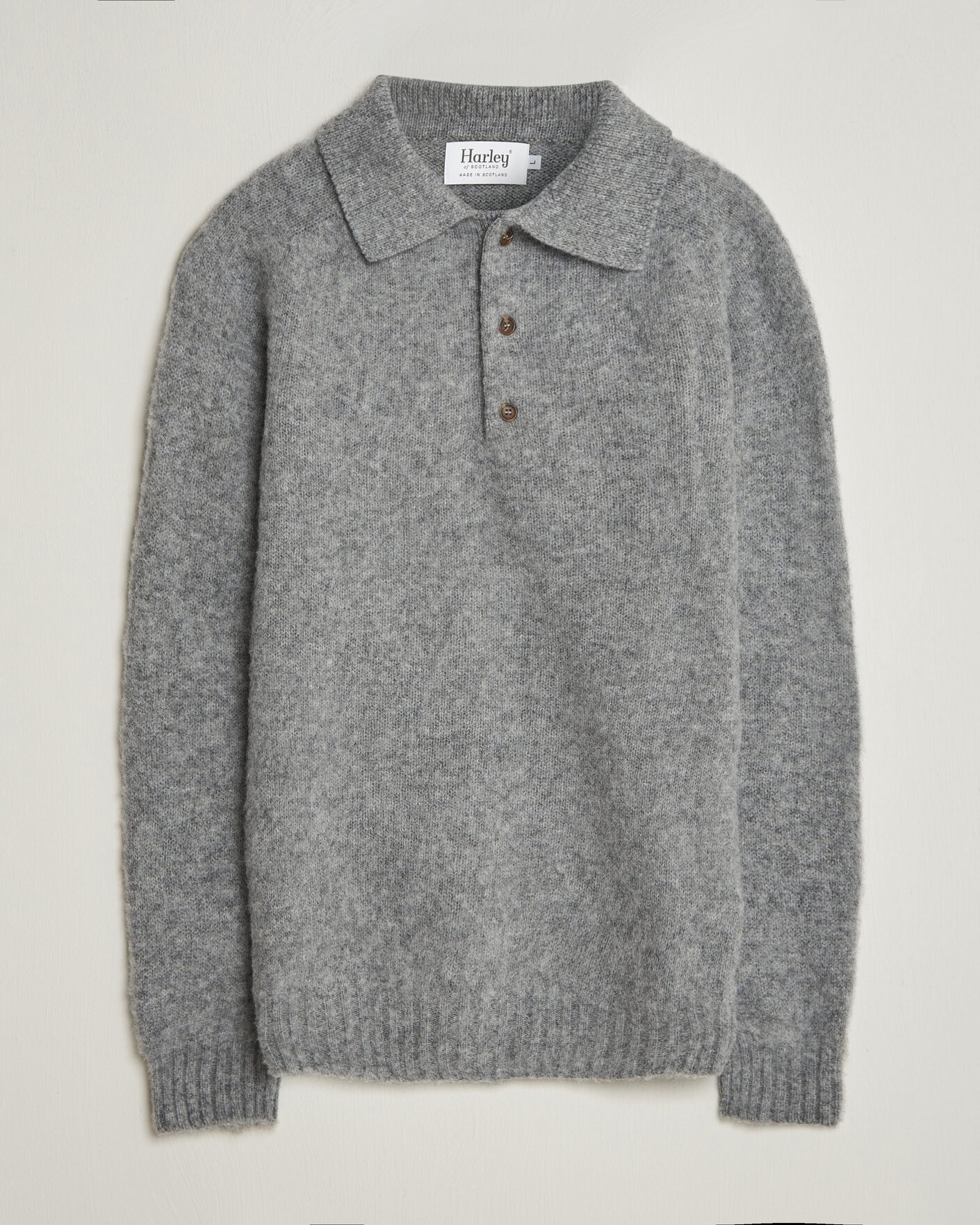 Men | Sweaters & Knitwear | Harley Of Scotland | Brushed Supersoft Lambswool Polo Mid Grey