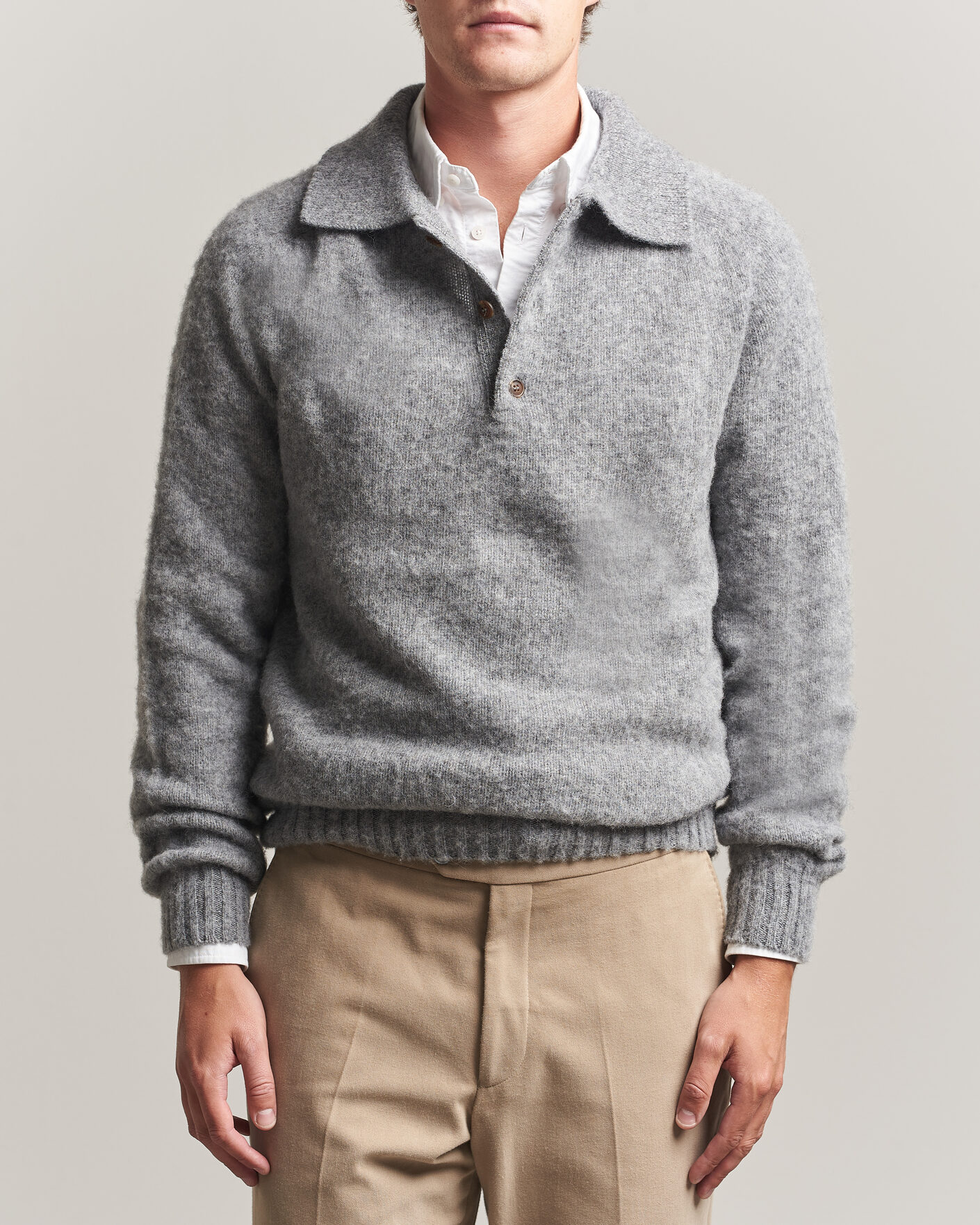 Men | Sweaters & Knitwear | Harley Of Scotland | Brushed Supersoft Lambswool Polo Mid Grey