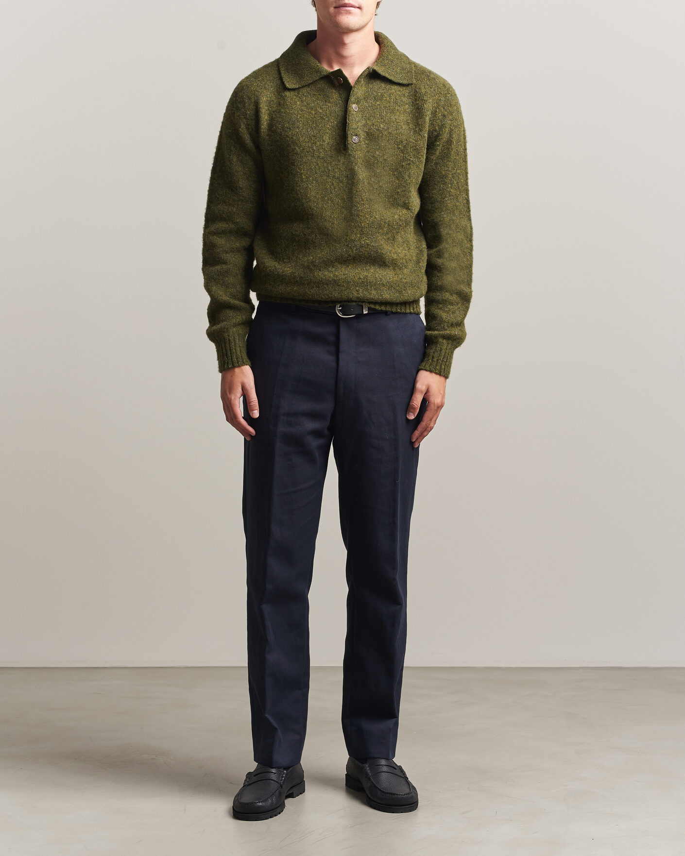 Men | Sweaters & Knitwear | Harley Of Scotland | Brushed Supersoft Lambswool Polo Scots Pine