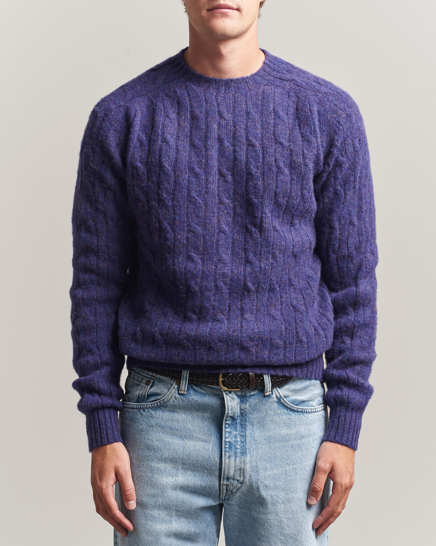 Men | Sweaters & Knitwear | Harley Of Scotland | Brushed Supersoft Lambswool Cable Iris