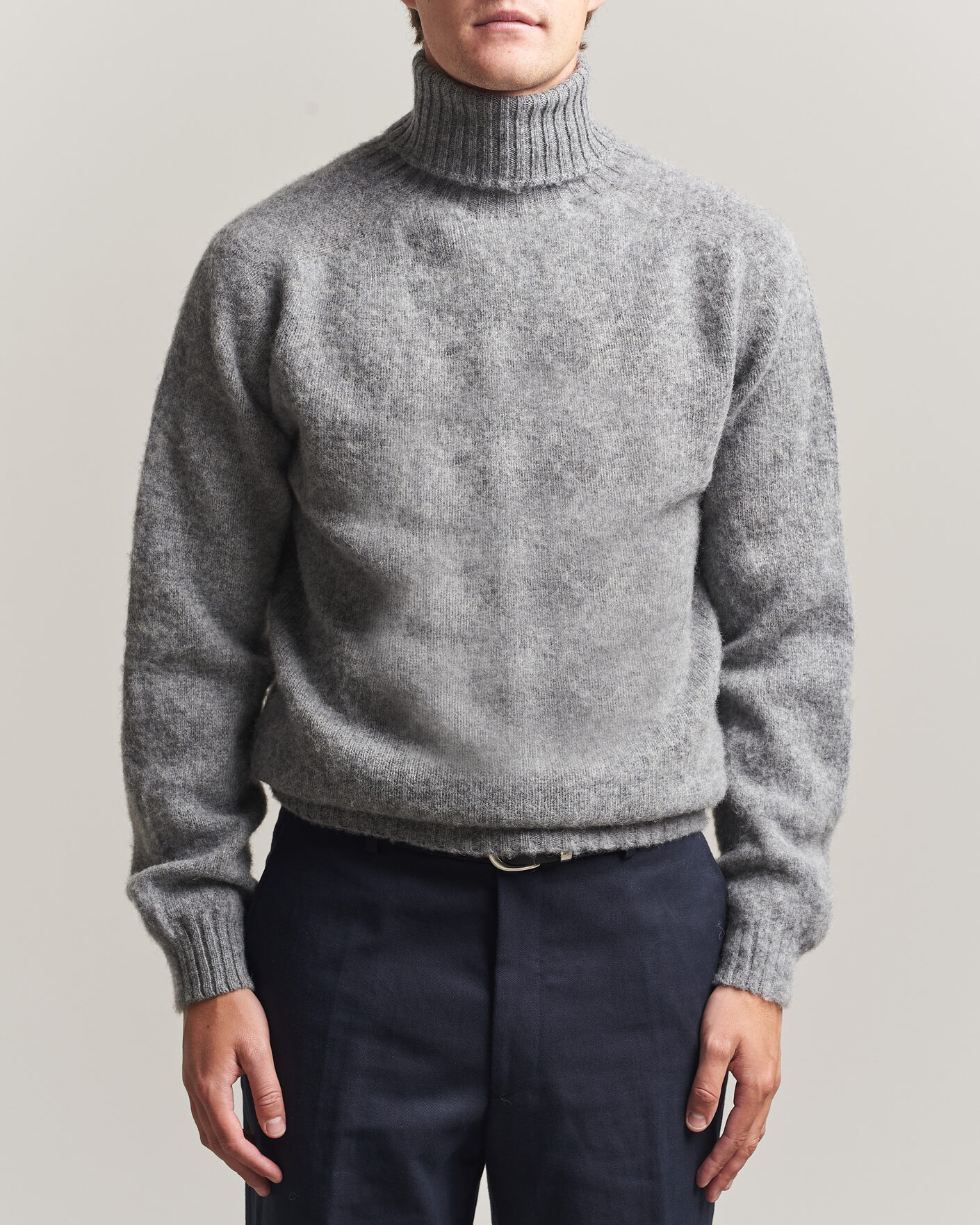 Men | Sweaters & Knitwear | Harley Of Scotland | Brushed Supersoft Lambswool Rollneck Mid Grey