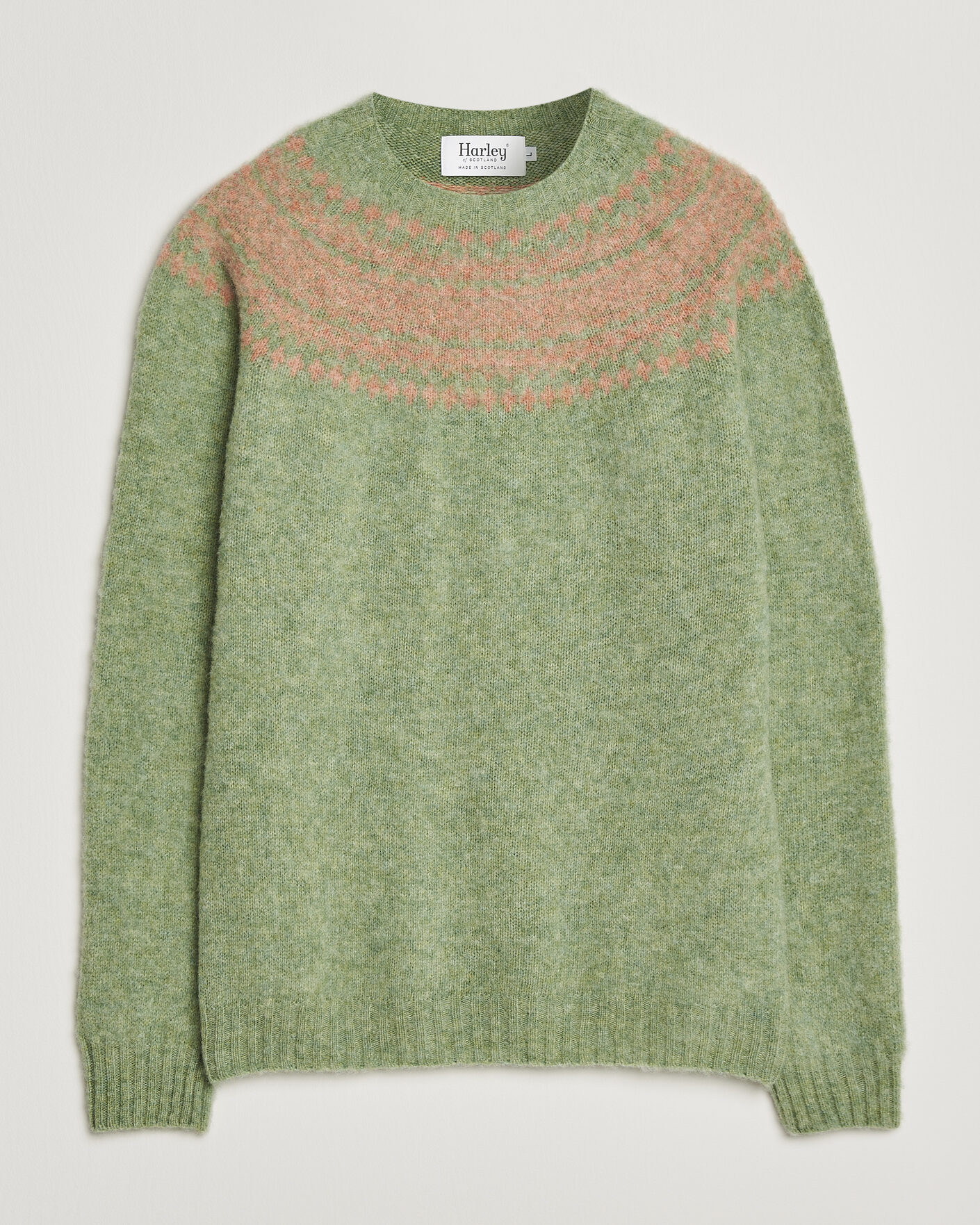 Men | Sweaters & Knitwear | Harley Of Scotland | Brushed Supersoft Lambswool Yolk Fairisle Sage/Parfait