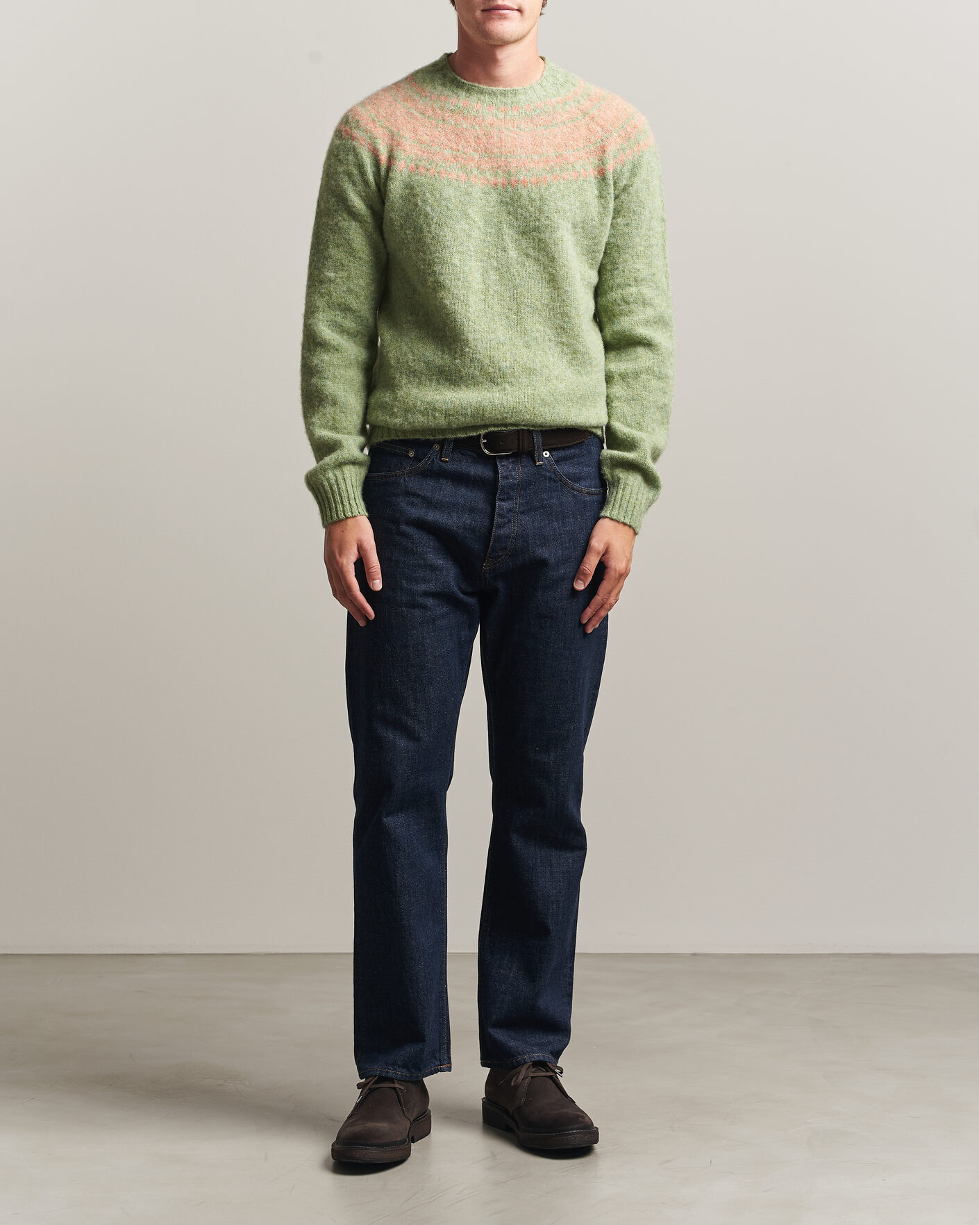 Men | Sweaters & Knitwear | Harley Of Scotland | Brushed Supersoft Lambswool Yolk Fairisle Sage/Parfait