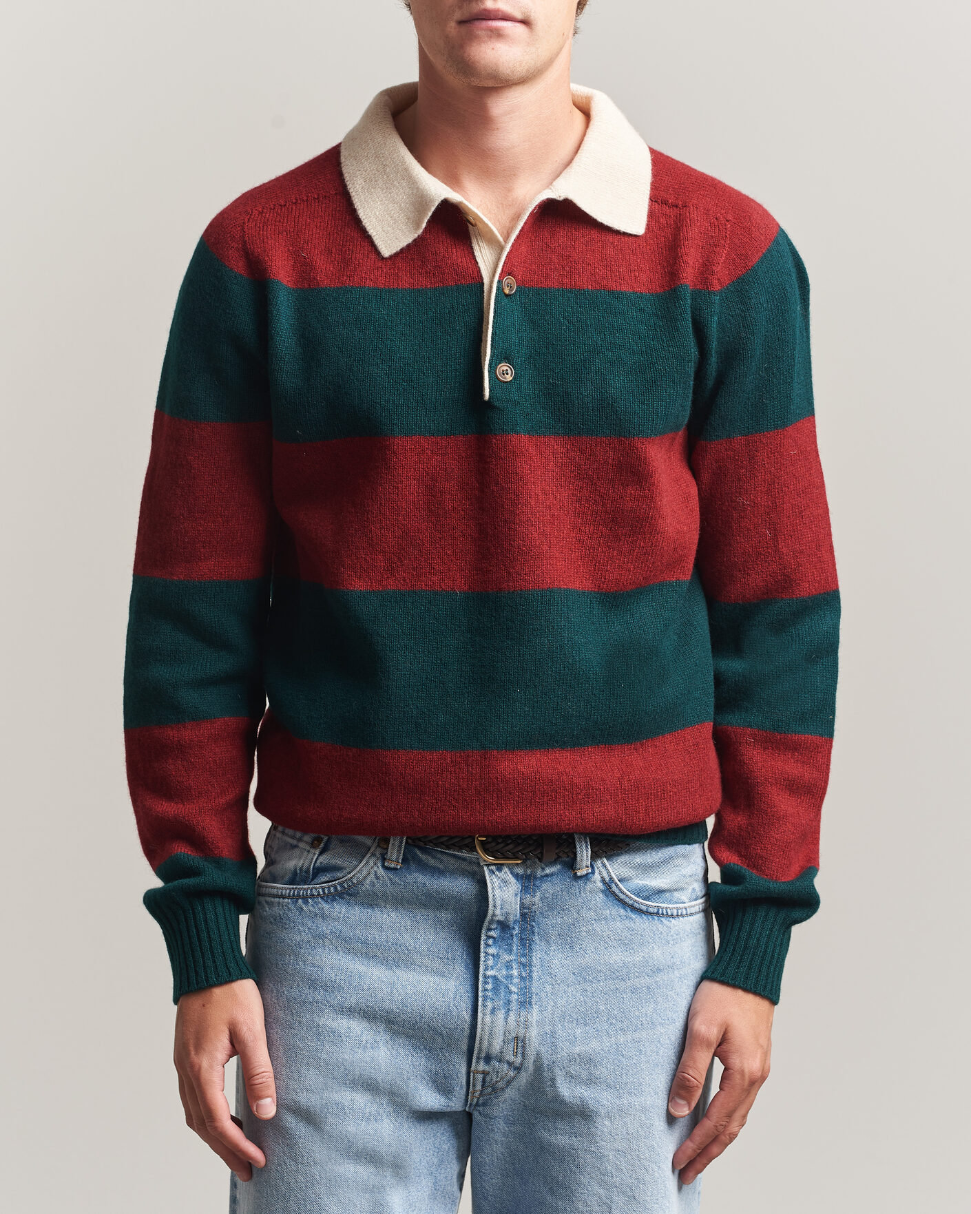 Men | Sweaters & Knitwear | Harley Of Scotland | Supersoft 2ply Lambswool Rugby Green/Red