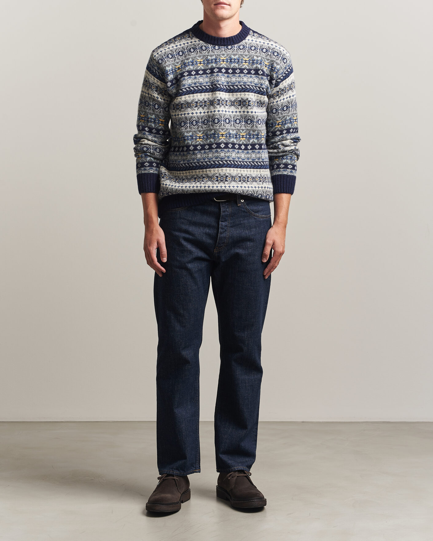 Men | Sweaters & Knitwear | Harley Of Scotland | Supersoft 2ply Lambswool Fairisle Crew Navy