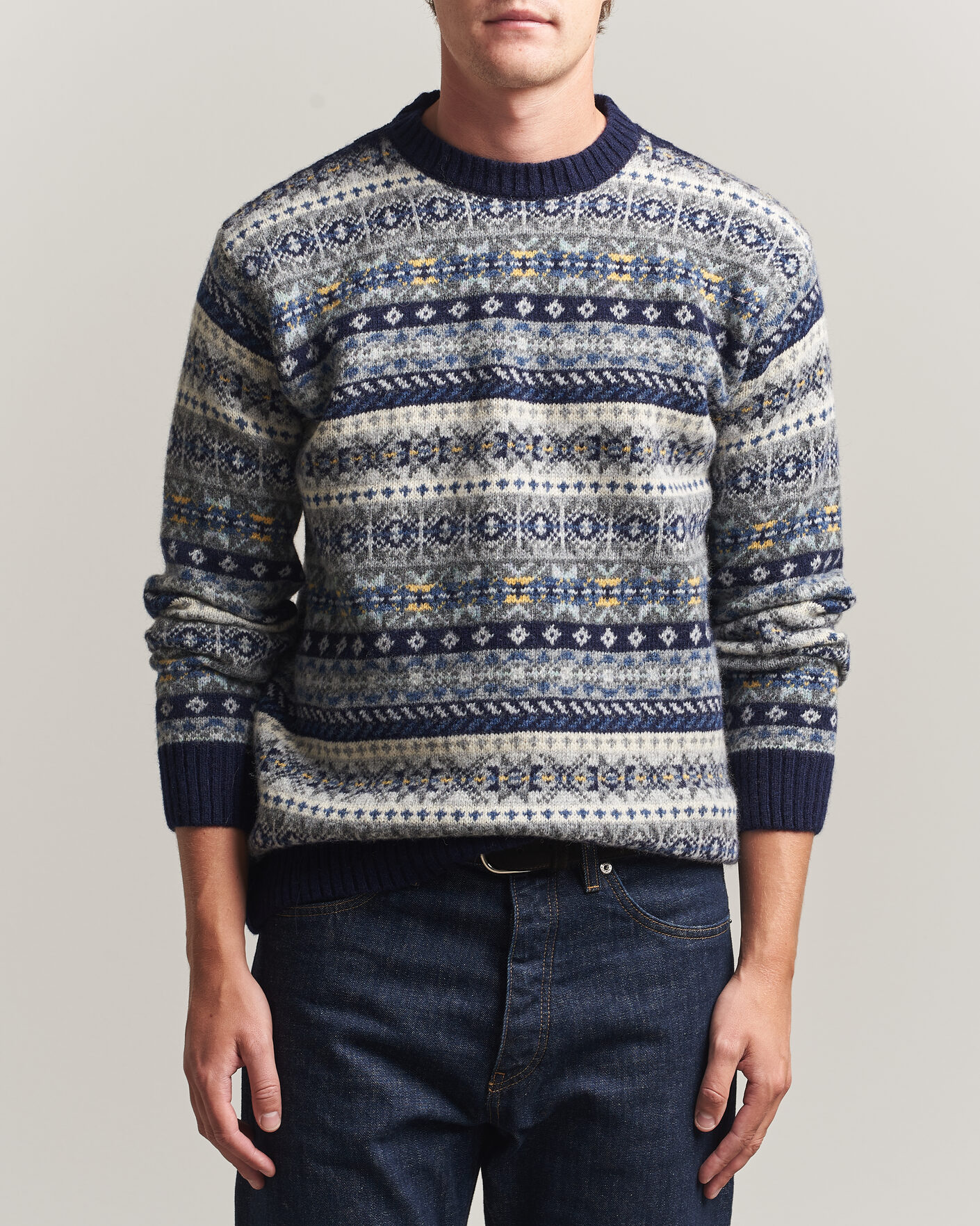Men | Sweaters & Knitwear | Harley Of Scotland | Supersoft 2ply Lambswool Fairisle Crew Navy