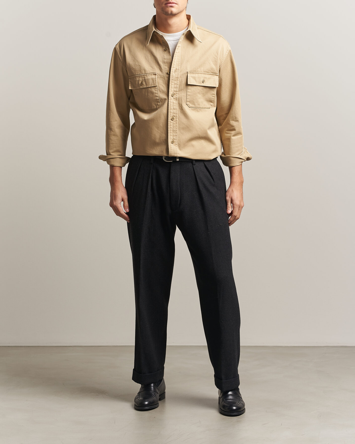Men | Shirts | Kamakura Shirts | Cotton Twill CPO Overshirt Beige