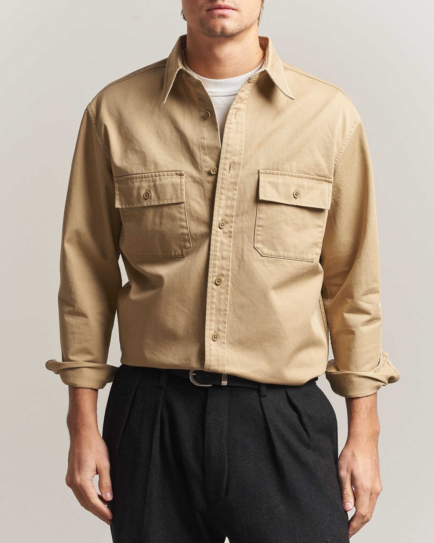 Men | Shirts | Kamakura Shirts | Cotton Twill CPO Overshirt Beige