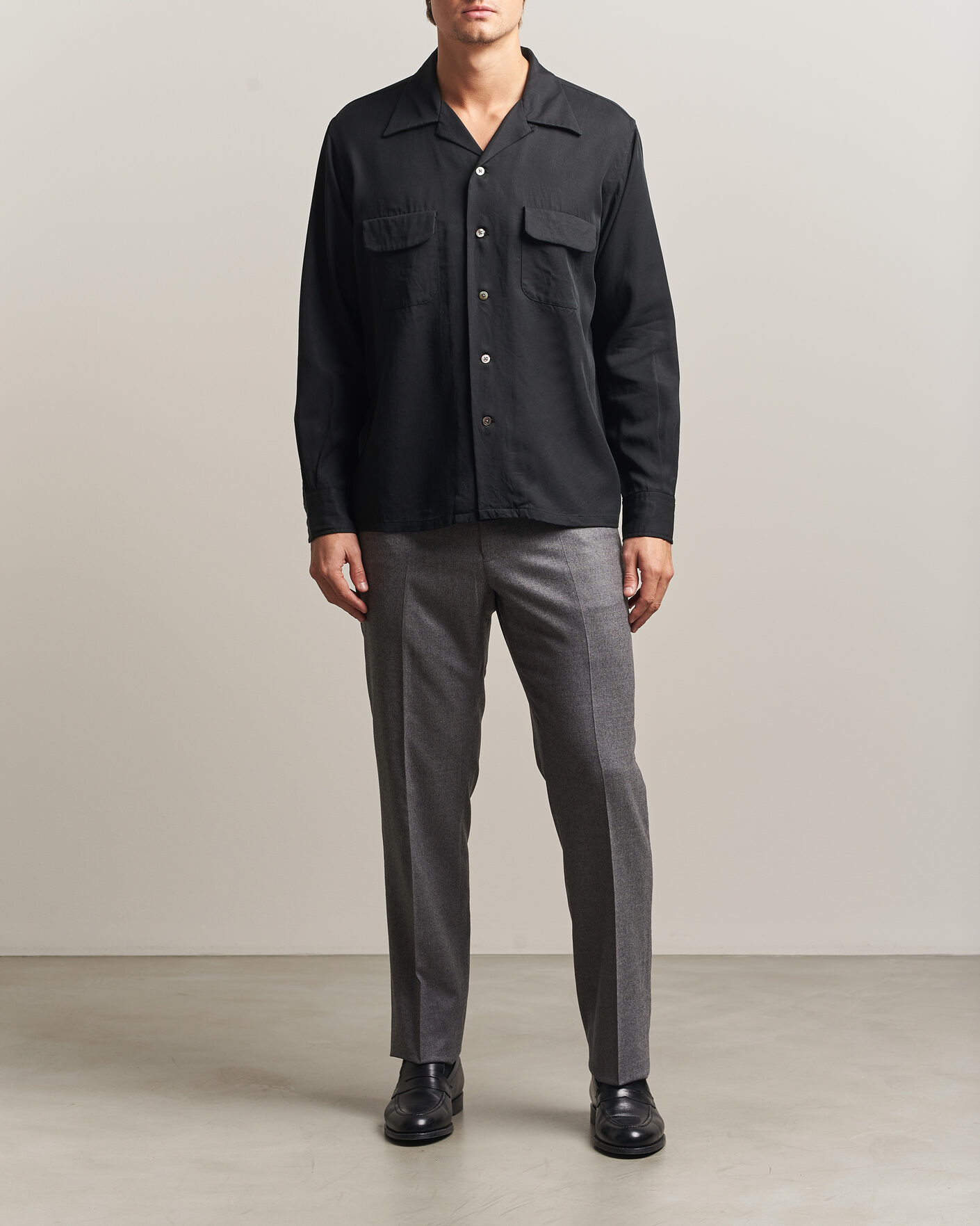 Men | Shirts | Kamakura Shirts | Vintage Open Collar Shirt Black