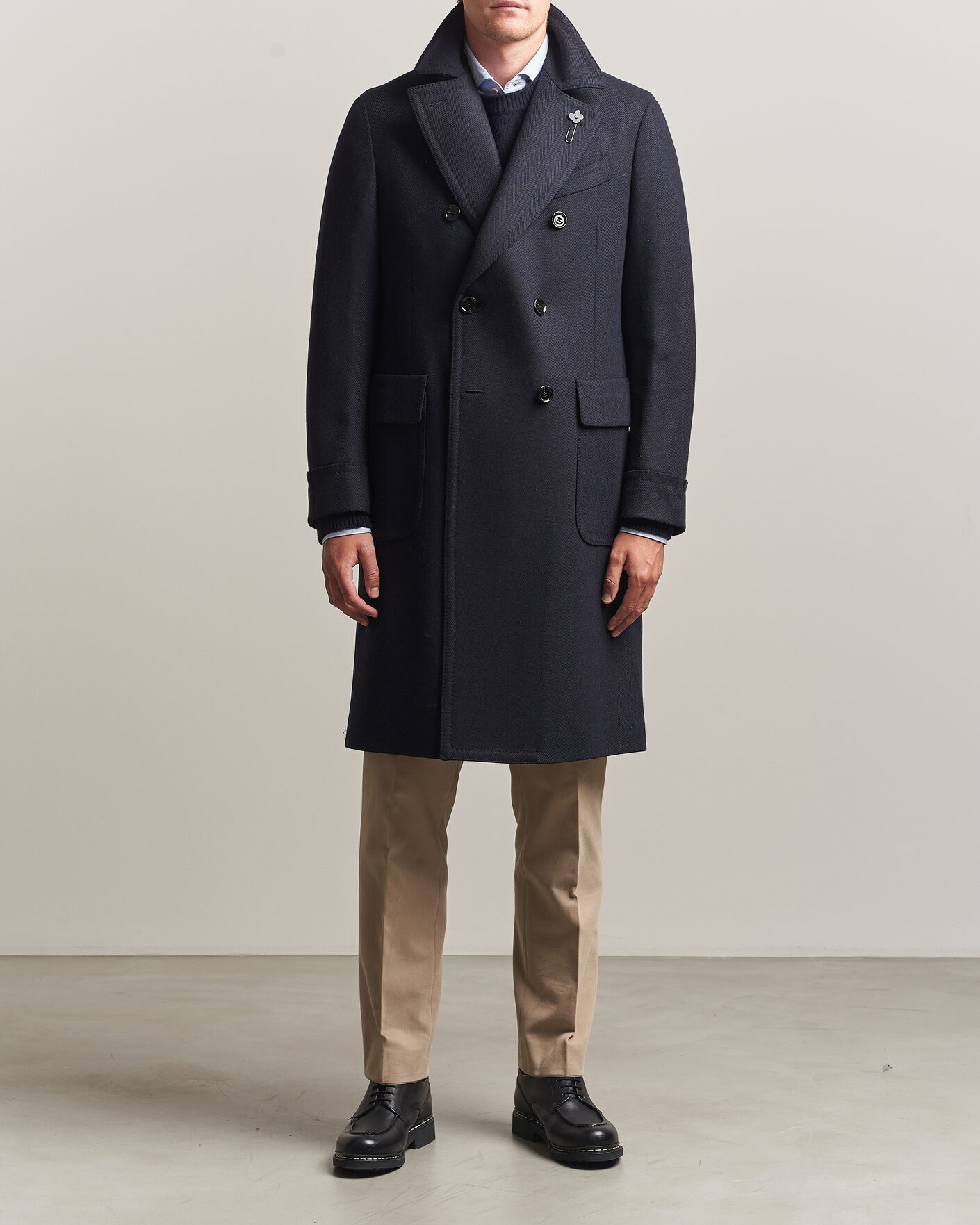 Men | Coats & Jackets | Lardini | Ulster Wool/Cashmere Tonal Herringbone Coat Navy