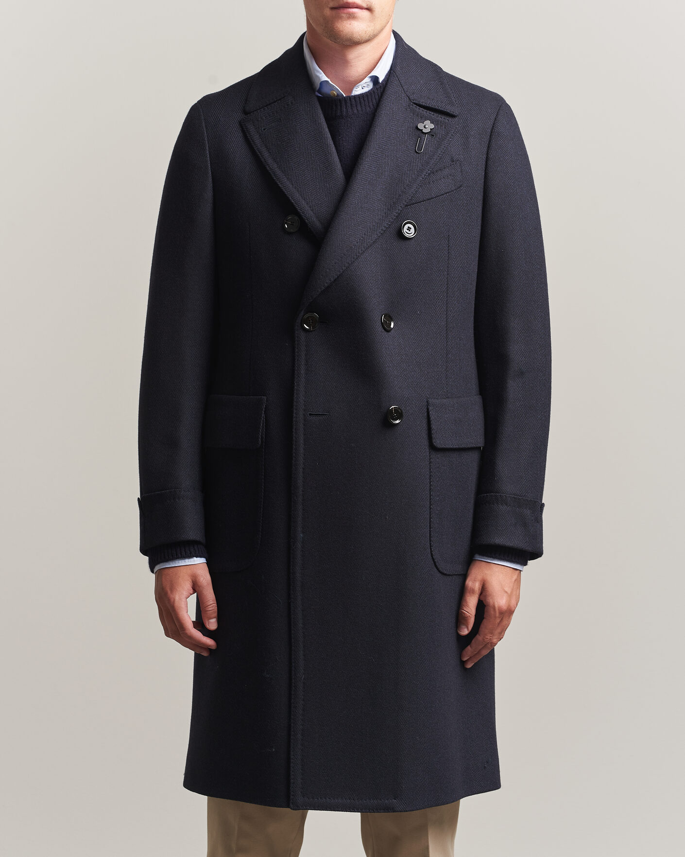Lardini Ulster Wool/Cashmere Tonal Herringbone Coat Navy at