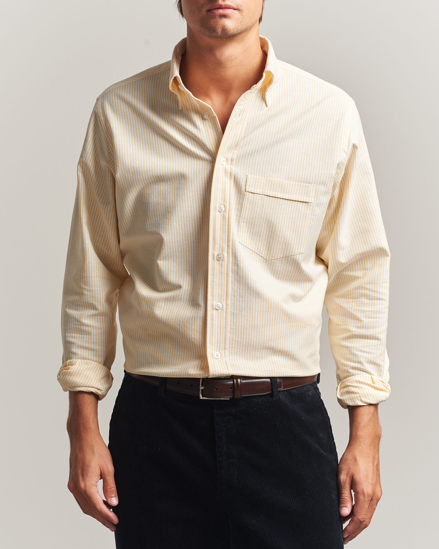 Men | Shirts | Drake's | Striped Button Down Oxford Shirt Yellow