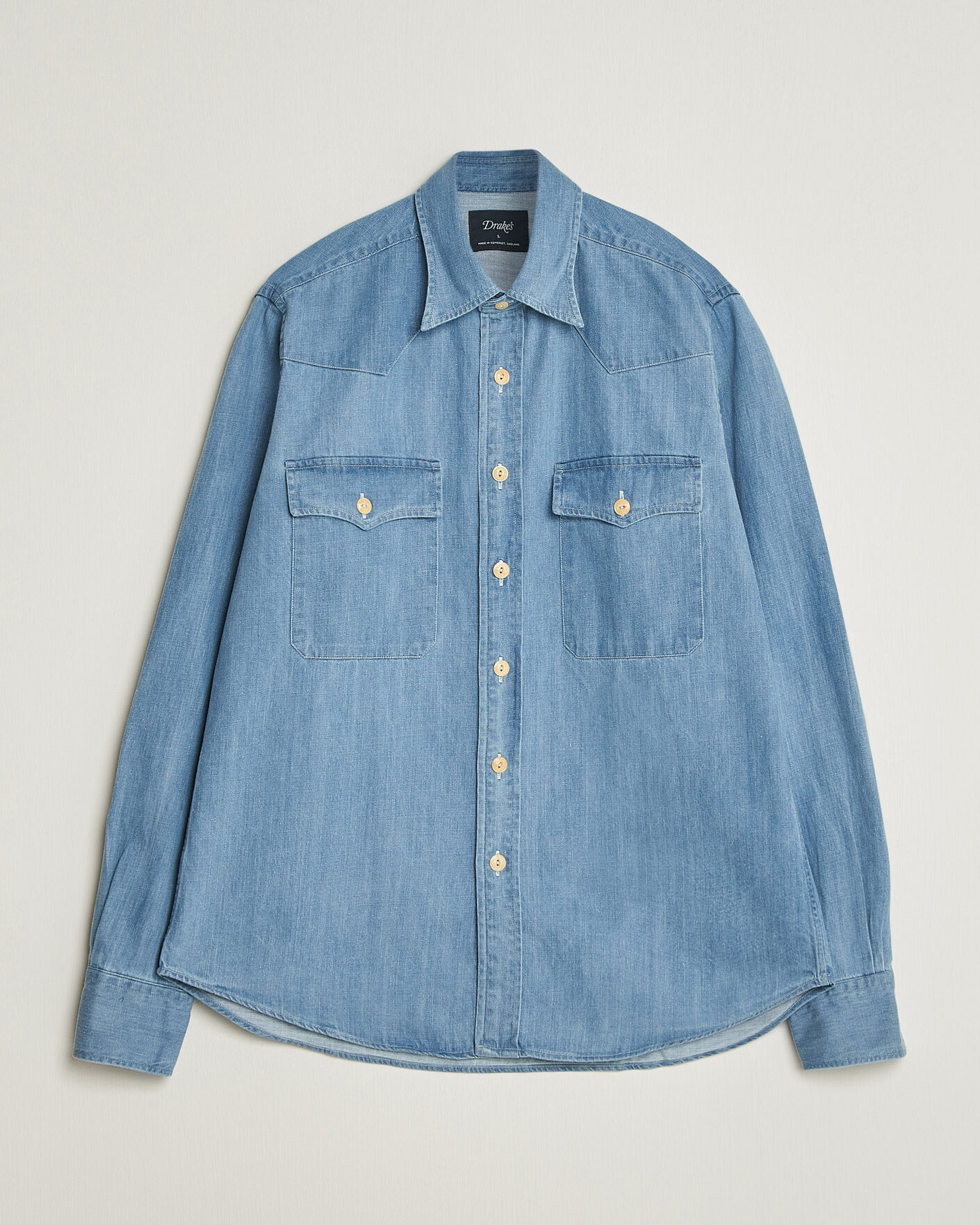 Men | Shirts | Drake's | Denim Western Shirt Bleached Blue
