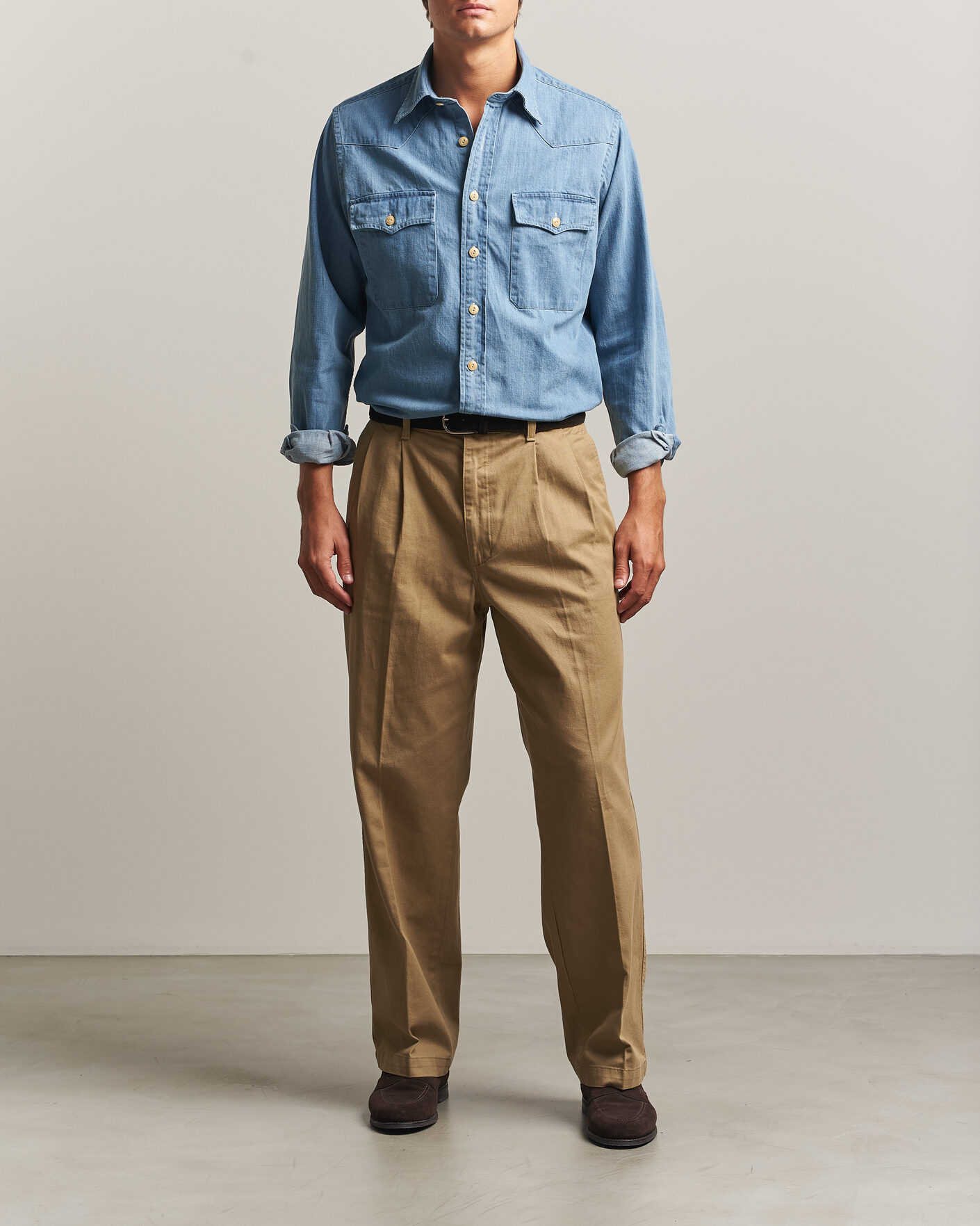 Men | Shirts | Drake's | Denim Western Shirt Bleached Blue