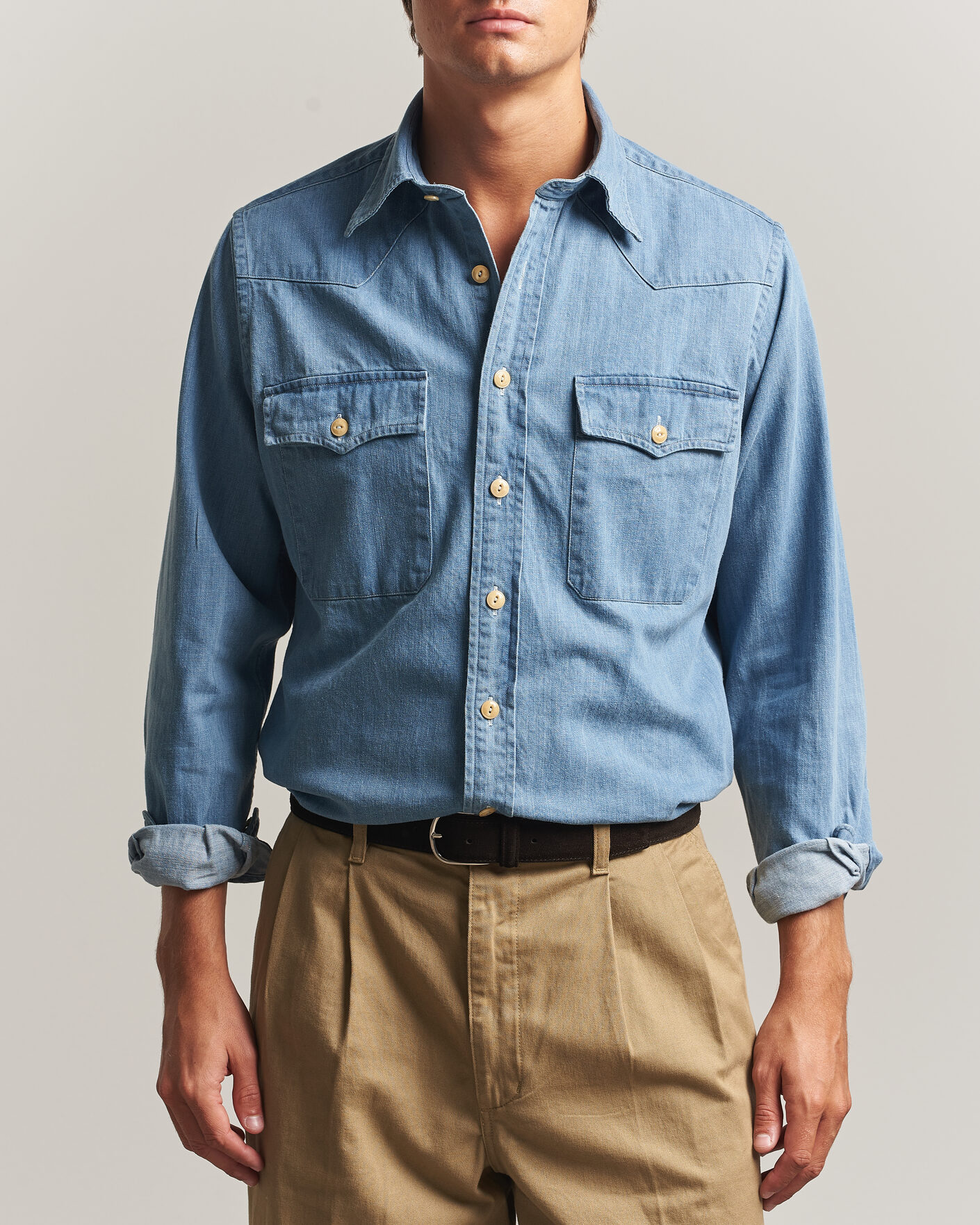 Men | Shirts | Drake's | Denim Western Shirt Bleached Blue