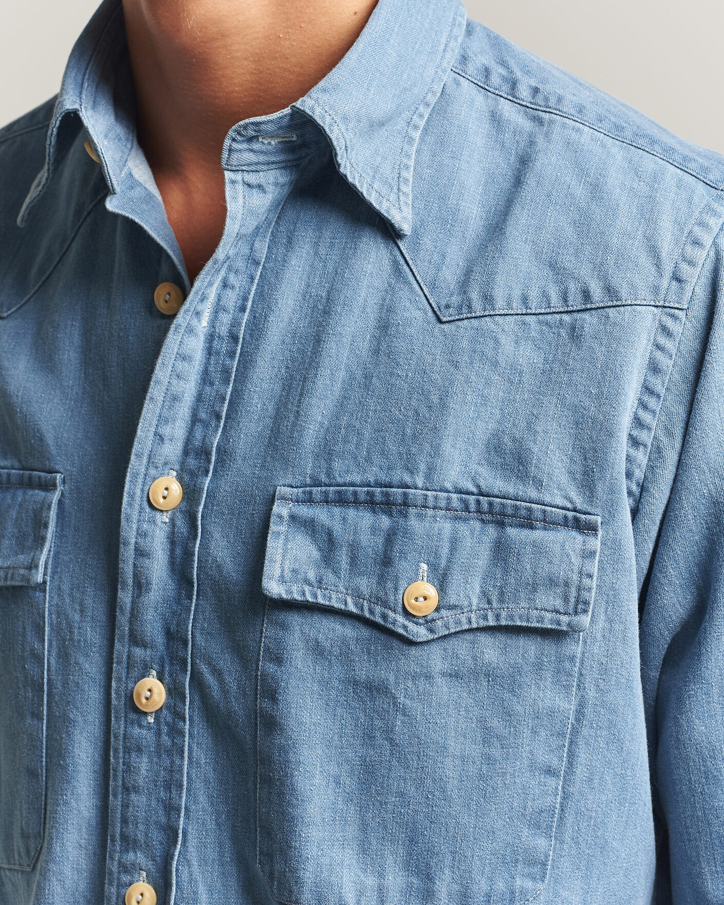 Men | Shirts | Drake's | Denim Western Shirt Bleached Blue