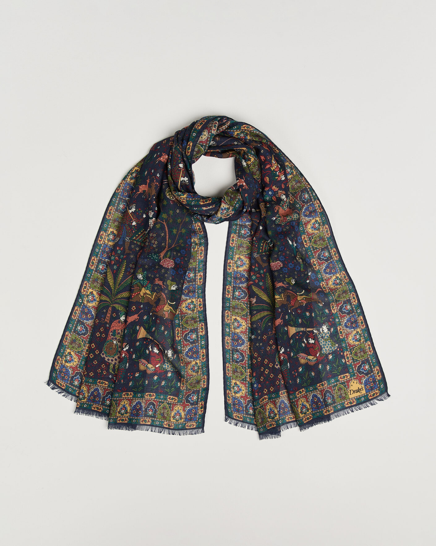 Men | Dress Scarves | Drake's | Mughal Garden Wool/Silk Scarf Navy