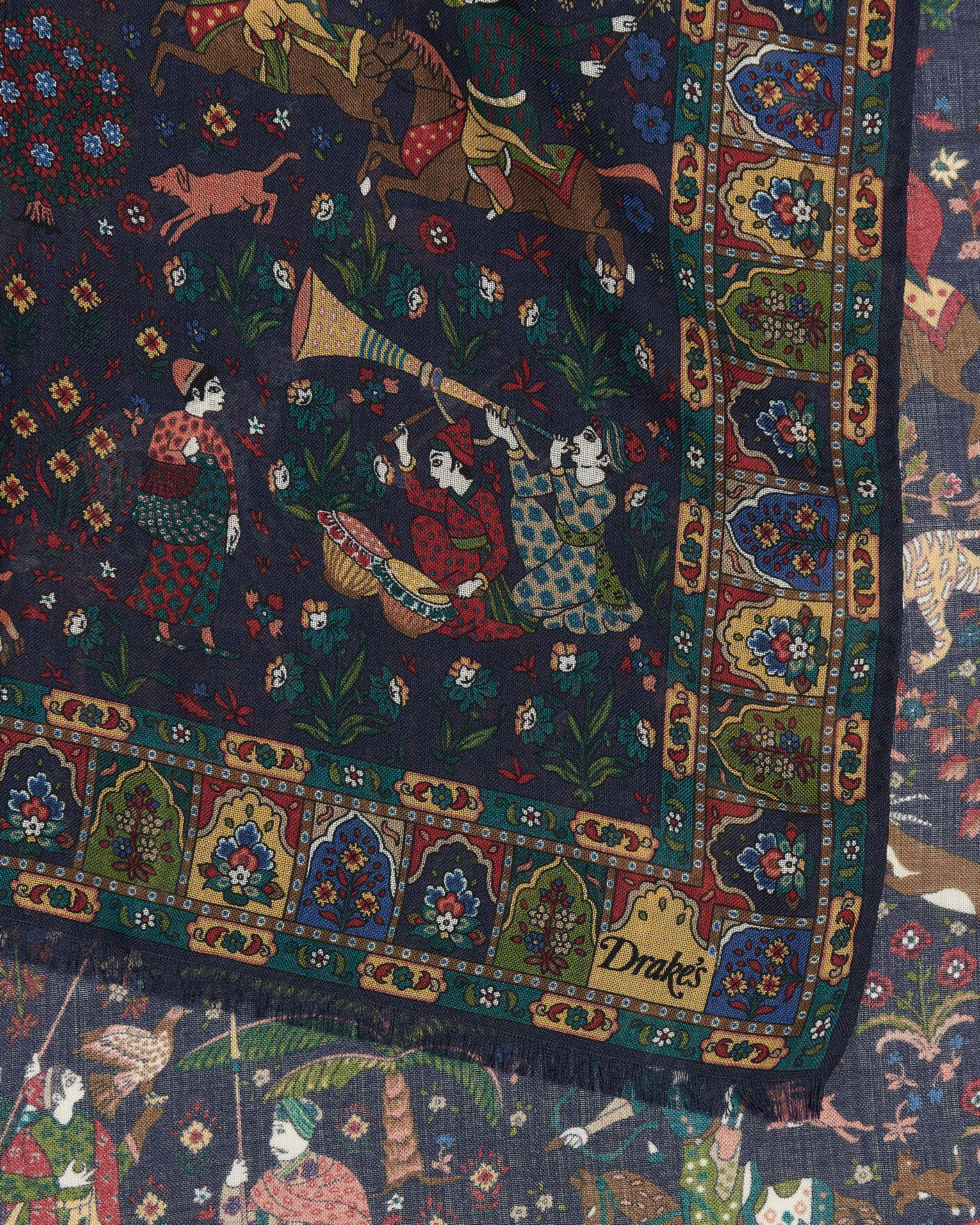 Men | Dress Scarves | Drake's | Mughal Garden Wool/Silk Scarf Navy