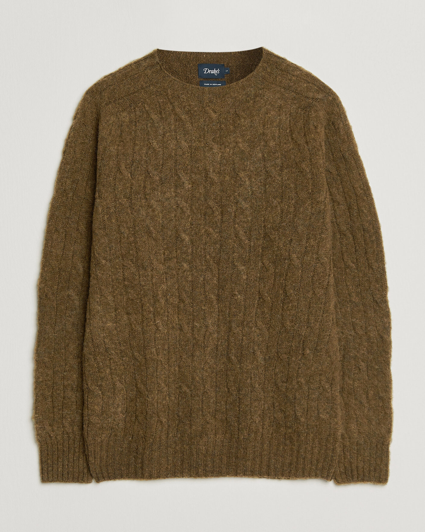 Men | Sweaters & Knitwear | Drake's | Brushed Shetland Cable Crew Moorland Olive
