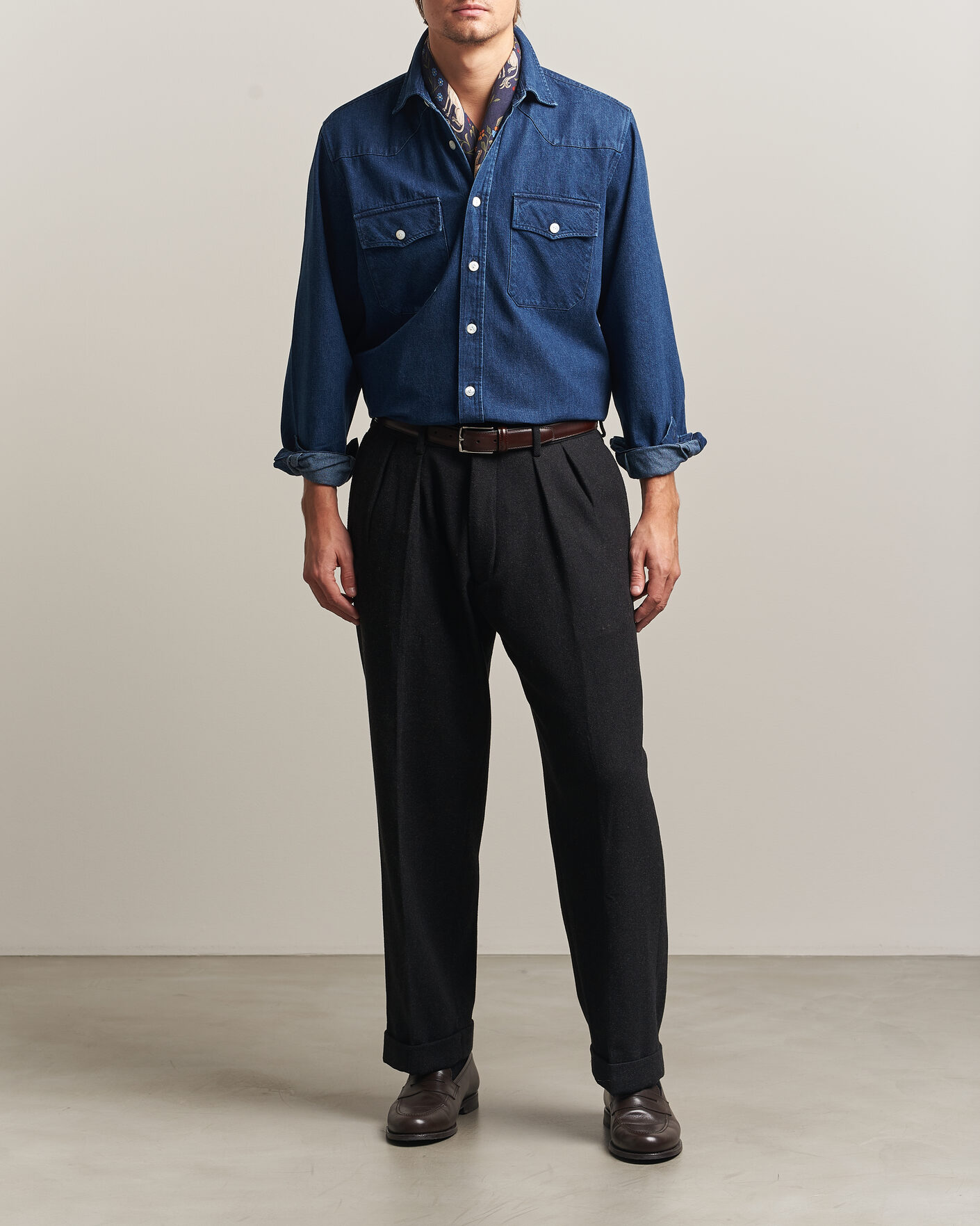 Men | Shirts | Drake's | Western Selvedge Denim Shirt Stone Wash Indigo