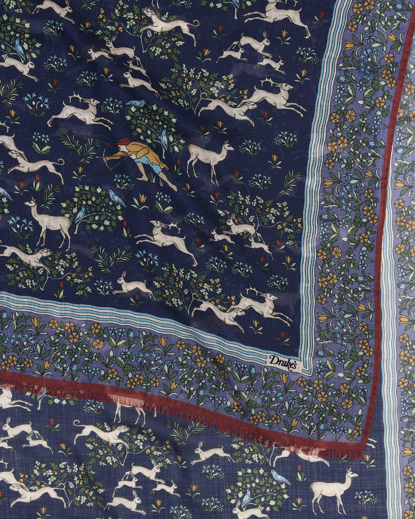 Men | Dress Scarves | Drake's | Archival Animals Wool/Silk Scarf Navy