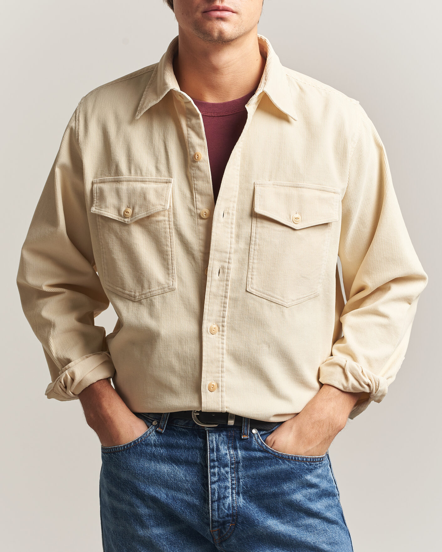 Men | Shirts | Drake's | Two Pocket Corduroy Shirt Ecru