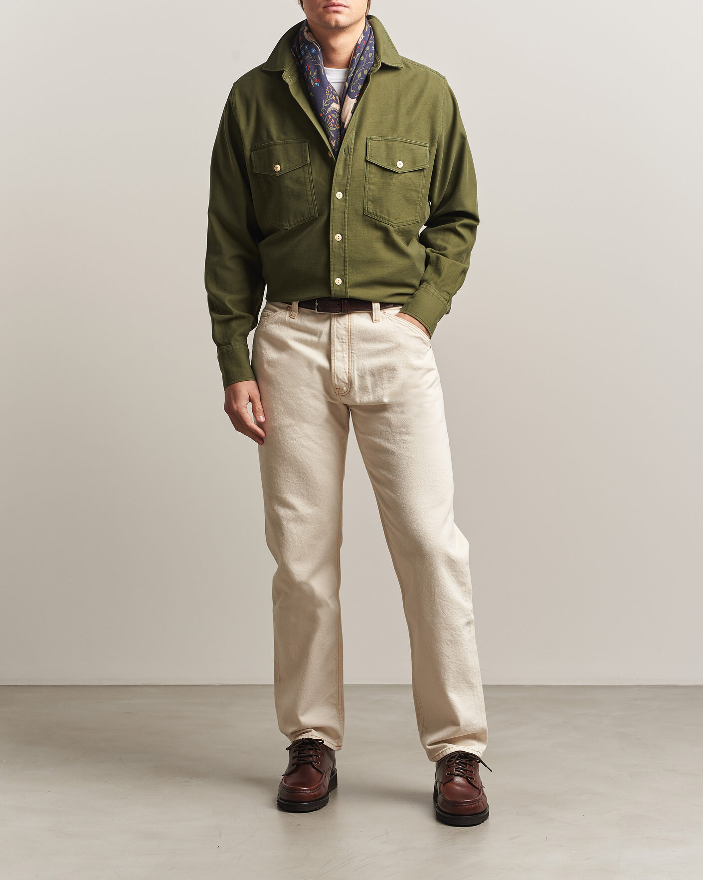 Men | Shirts | Drake's | Two Pocket Casual Cotton Shirt Olive
