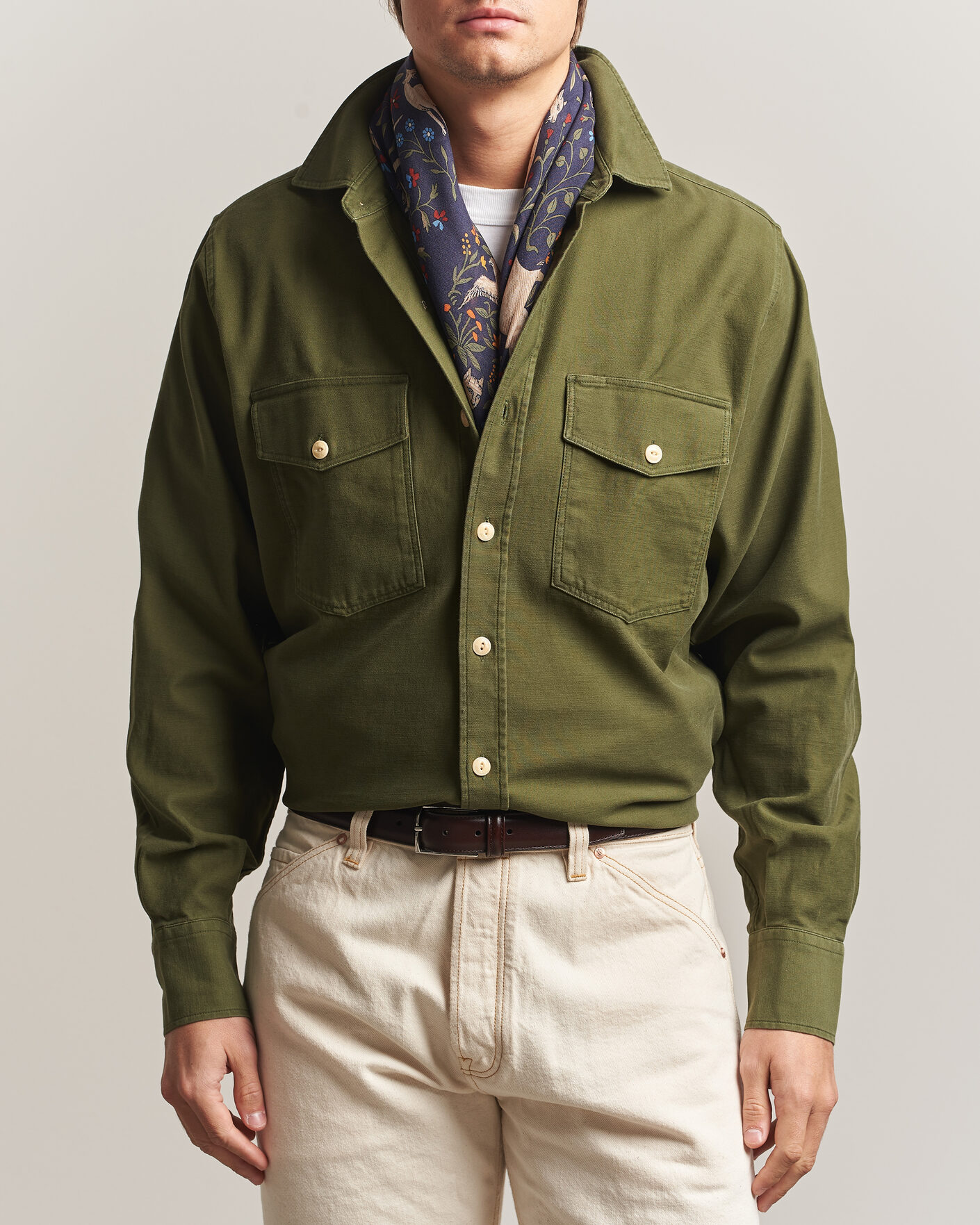Men | Shirts | Drake's | Two Pocket Casual Cotton Shirt Olive