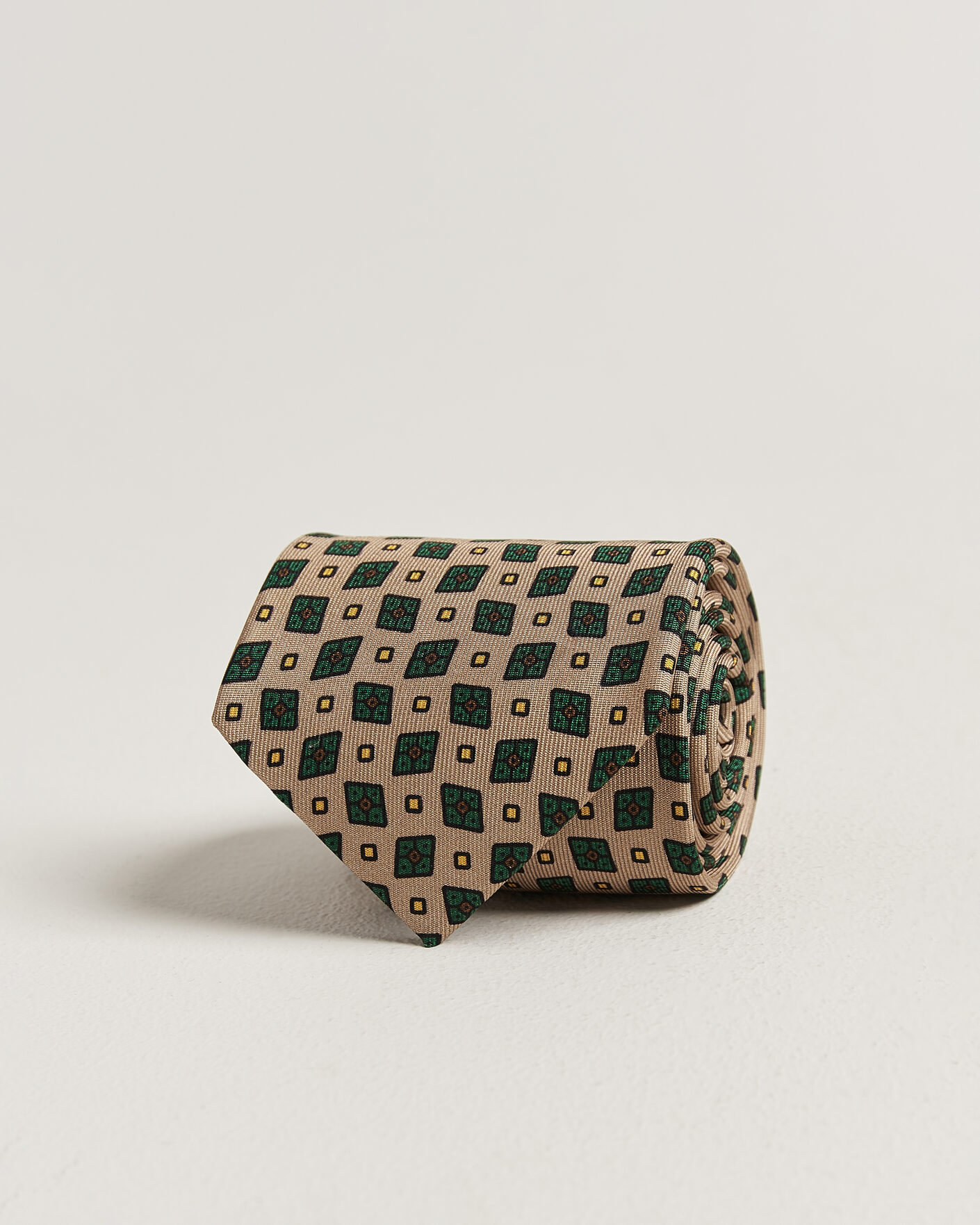 Men | Ties | Drake's | Mini Diamond Dot Pattern Silk Tie Beige/Green