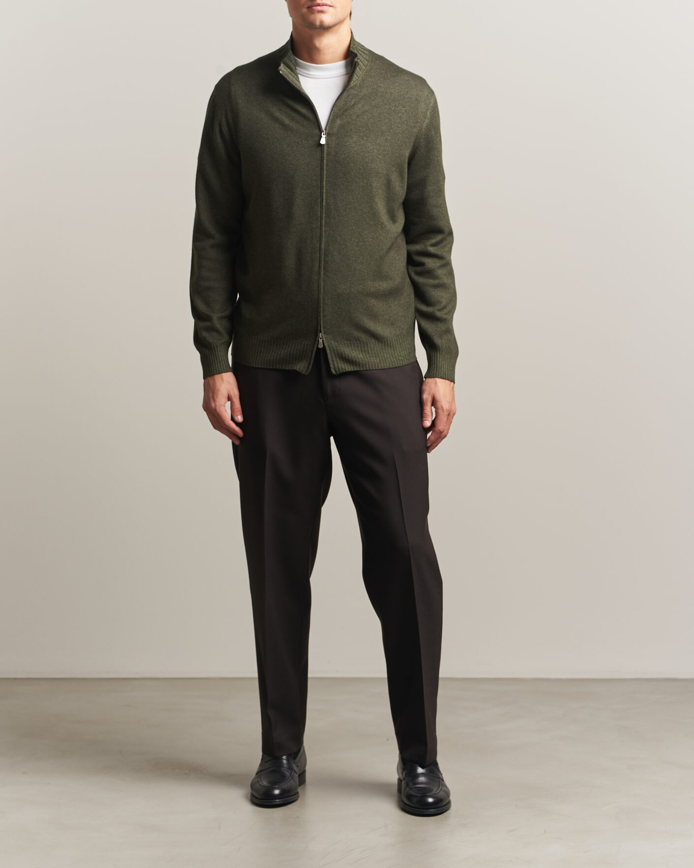 Men | Sweaters & Knitwear | Gran Sasso | Wool/Cashmere Washed Full Zip Olive Melange
