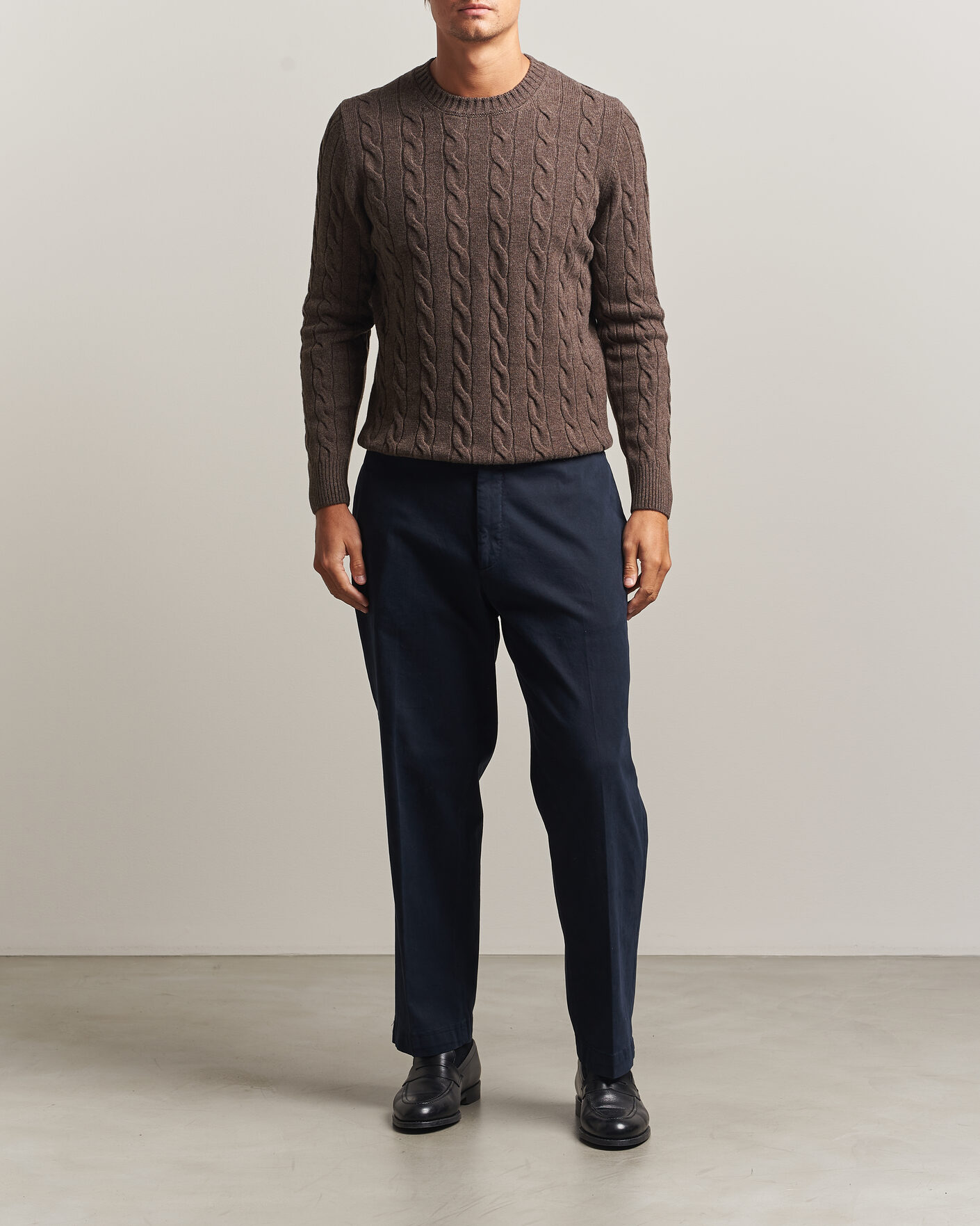 Men | Sweaters & Knitwear | Gran Sasso | Wool/Cashmere Cable Crew Neck Dark Brown Melange
