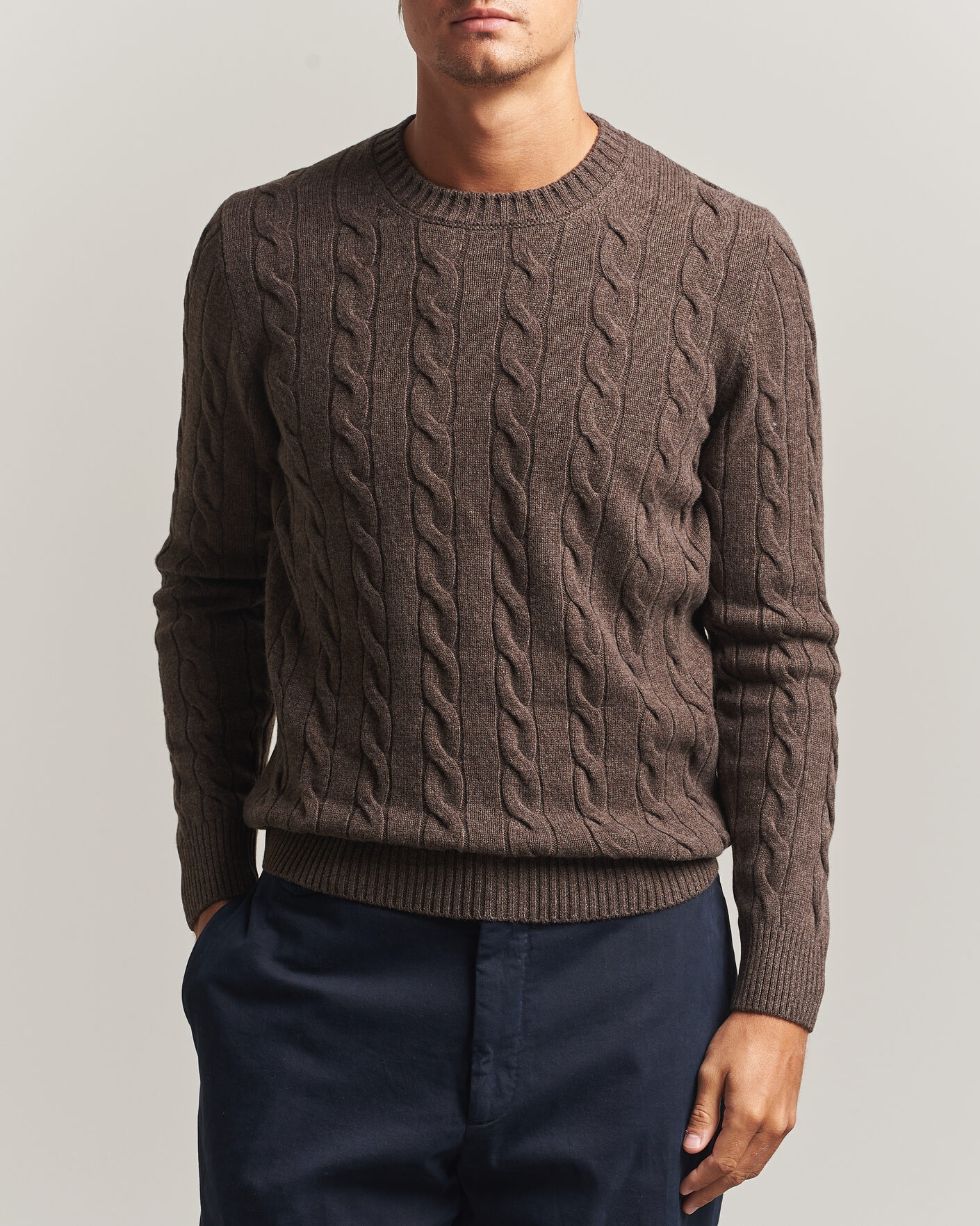 Men | Sweaters & Knitwear | Gran Sasso | Wool/Cashmere Cable Crew Neck Dark Brown Melange
