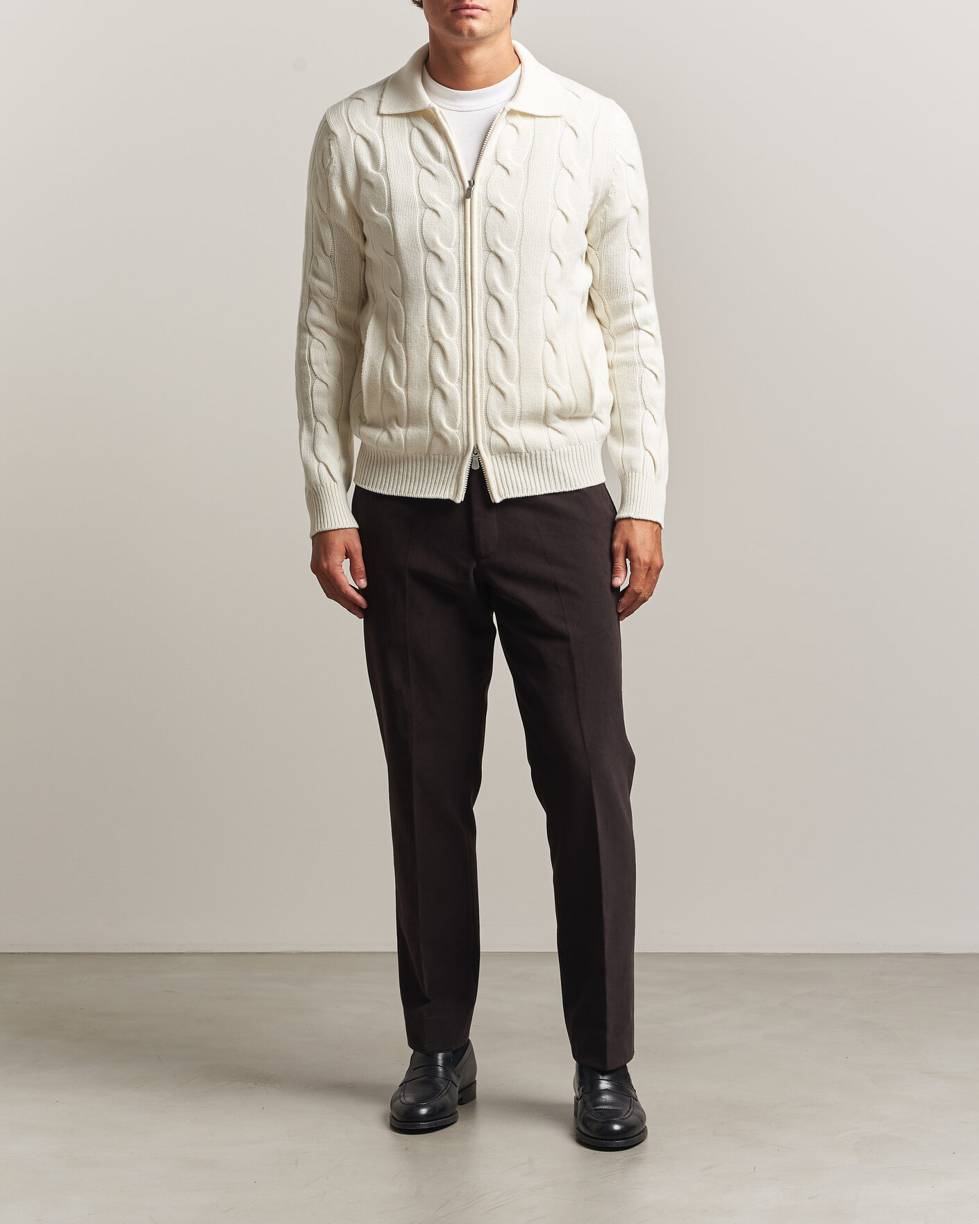 Men | Sweaters & Knitwear | Gran Sasso | Wool/Cashmere Cable Full Zip Cream